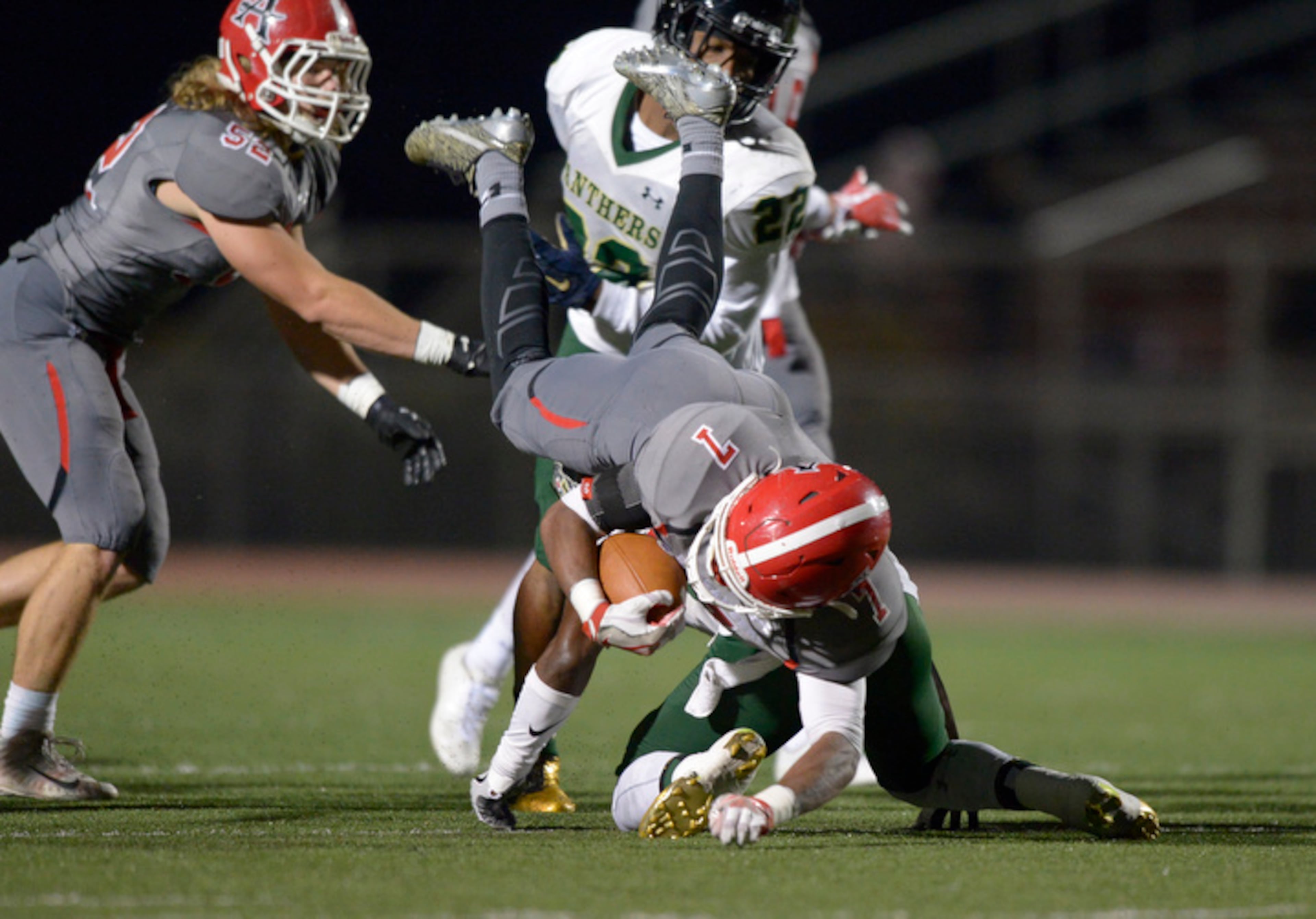 Allatoona senior Lilton Moore (7) hits the ground after being tackled in the first half of his game against Langston Hughes at Allatoona High School Friday, November 10, 2017. Special/Daniel Varnado