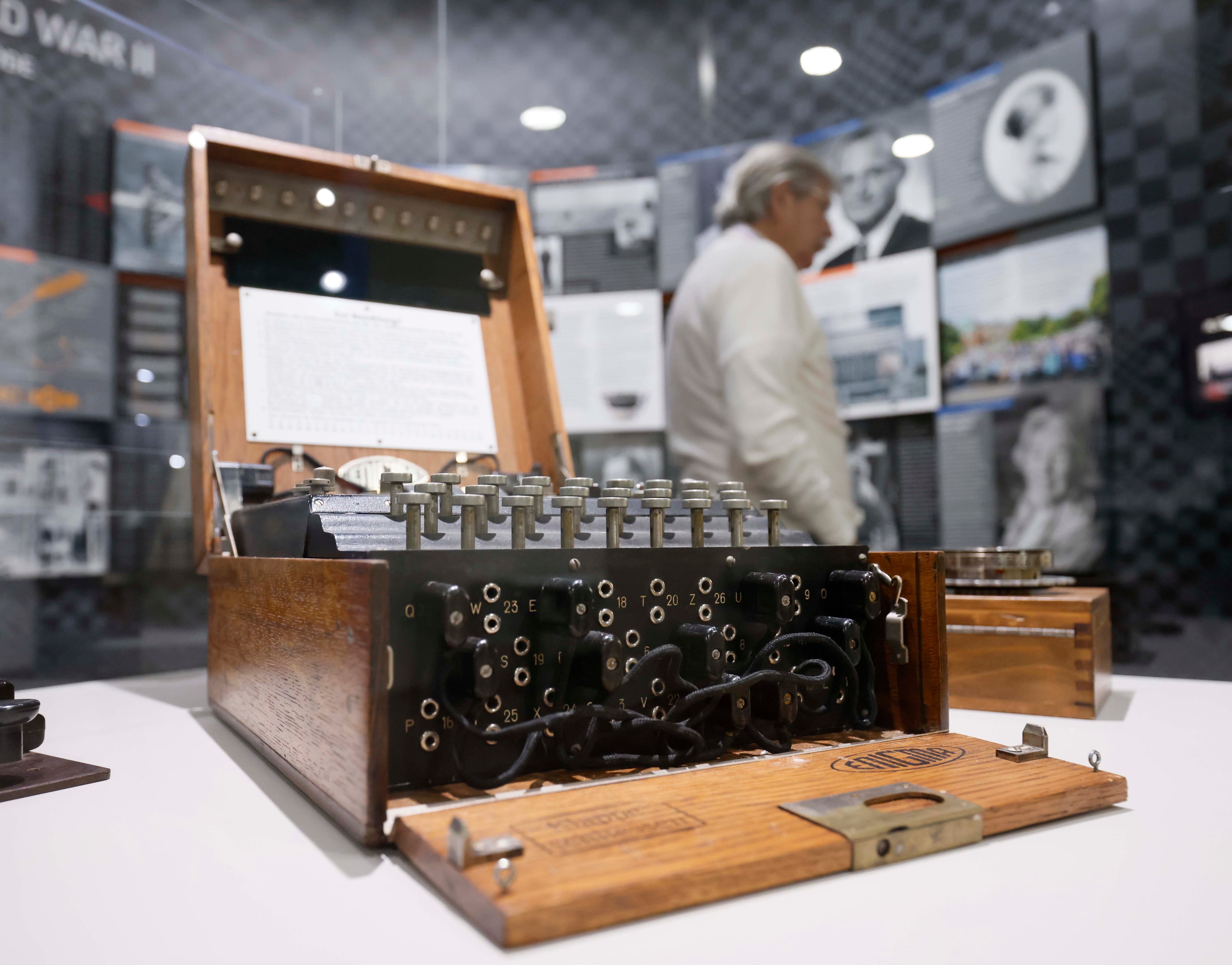 Among Lonnie Mimms' collectables is an original German Enigma machine from World War II. It's located in an exhibit dedicated to Alan Turing, the mathematician whose work work is credited with cracking the Enigma code and helping end the war. Ryon Horne/RHORNE@AJC.COM