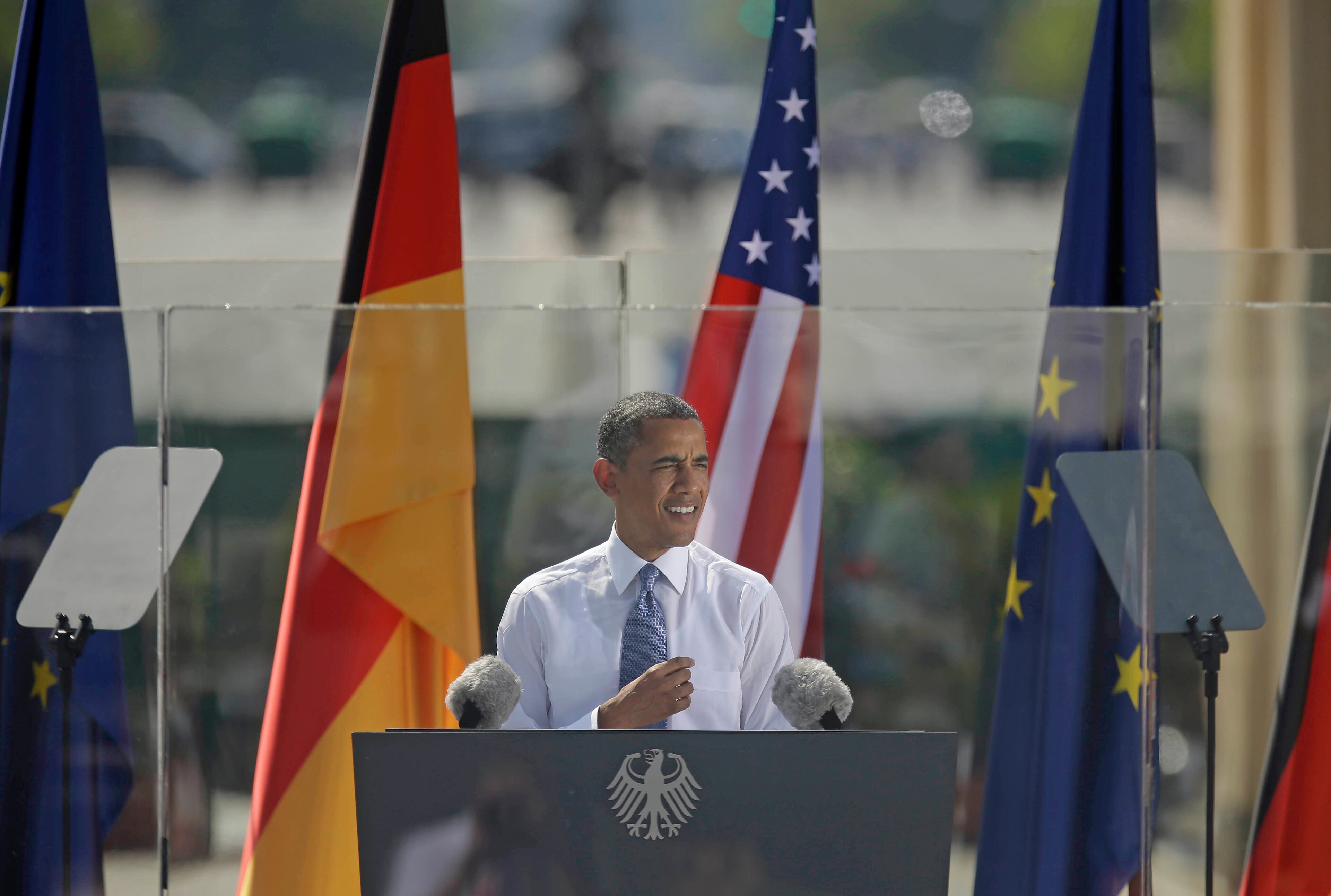 President Barack Obama speaks in front of the iconic Brandenburg Gate in Berlin Germany, Wednesday, June 19, 2013. Obama spoke on the Gate’s eastern side, across the old border from where President Ronald Reagan gave his unforgettable “Mr. Gorbachev, tear down this Wall!” speech in June 1997. This week also marks the 50th anniversary that President John F. Kennedy confronted Cold War tension in Wall-divided Berlin by telling residents, “Ich bein ein Berliner.” (AP Photo/Pablo Martinez Monsivais)