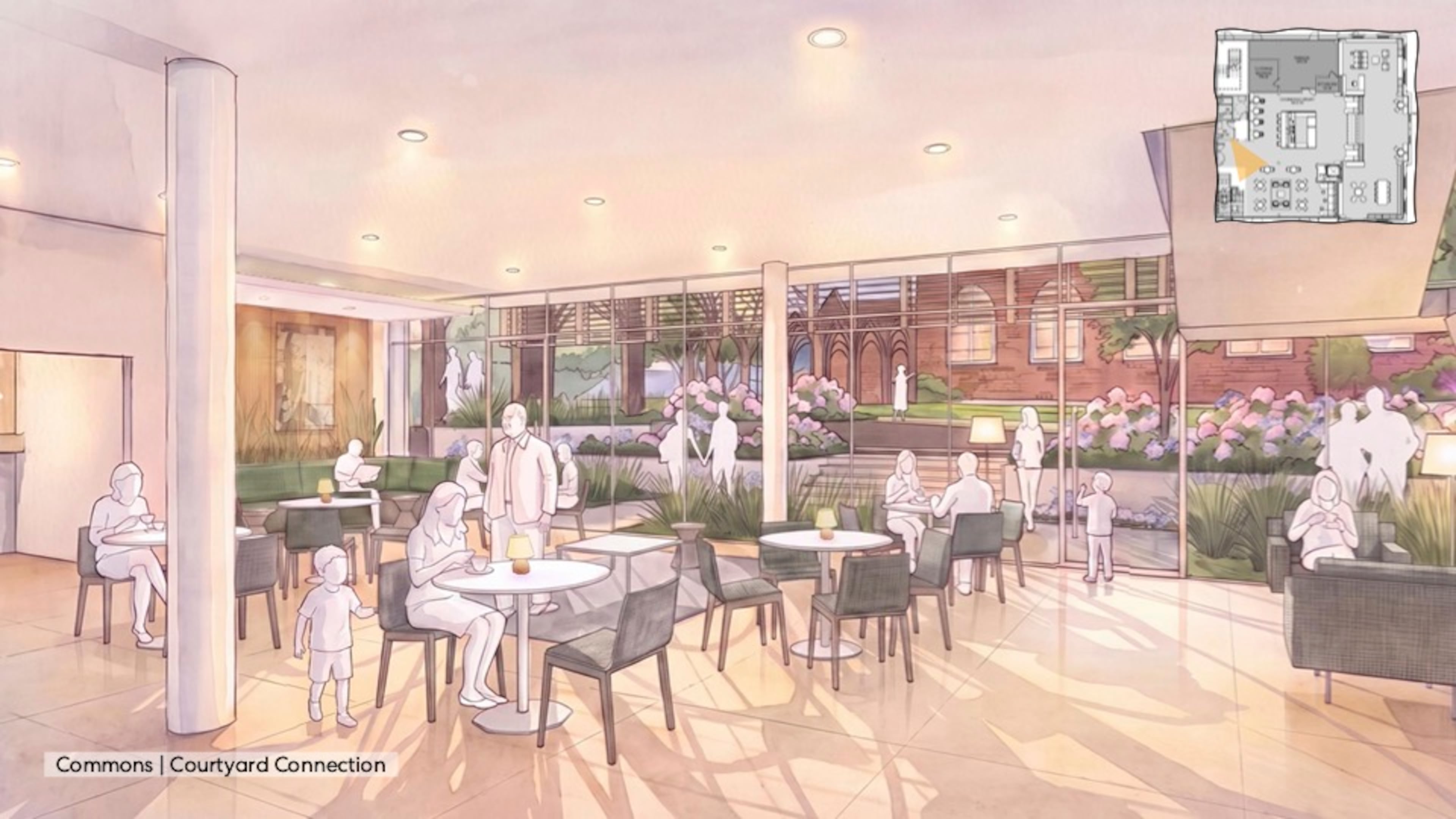 This is a rendering of the planned redevelopment of Egleston Hall at All Saints' Episcopal Church in Atlanta. It shows the vision for a gathering area. (Courtesy of All Saints' Episcopal Church)