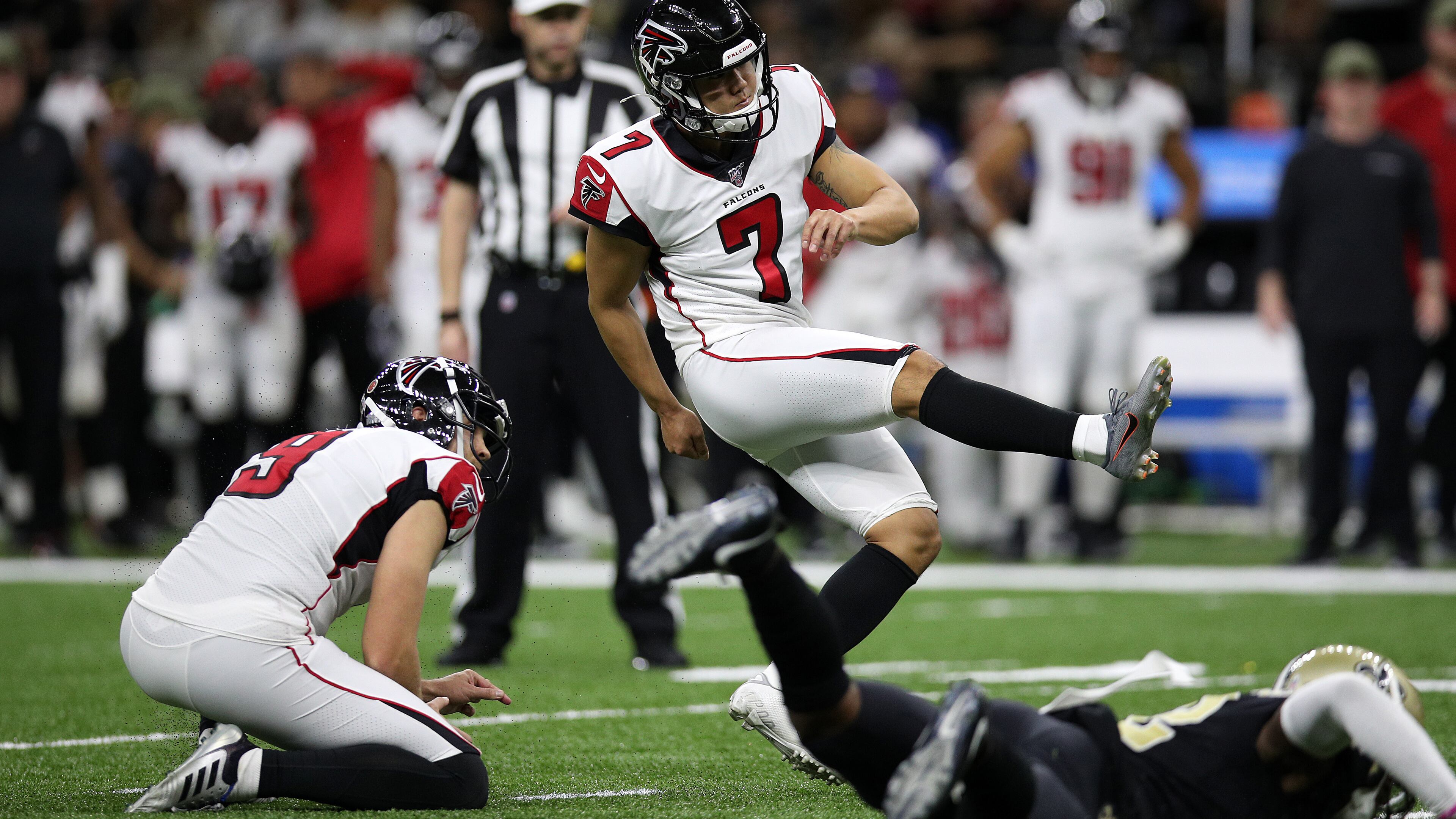 Kicker Younghoe Koo, who the Falcons recently signed, nails his first field goal attempt against the New Orleans Saints Nov. 10, 2019, at Mercedes Benz Superdome in New Orleans.