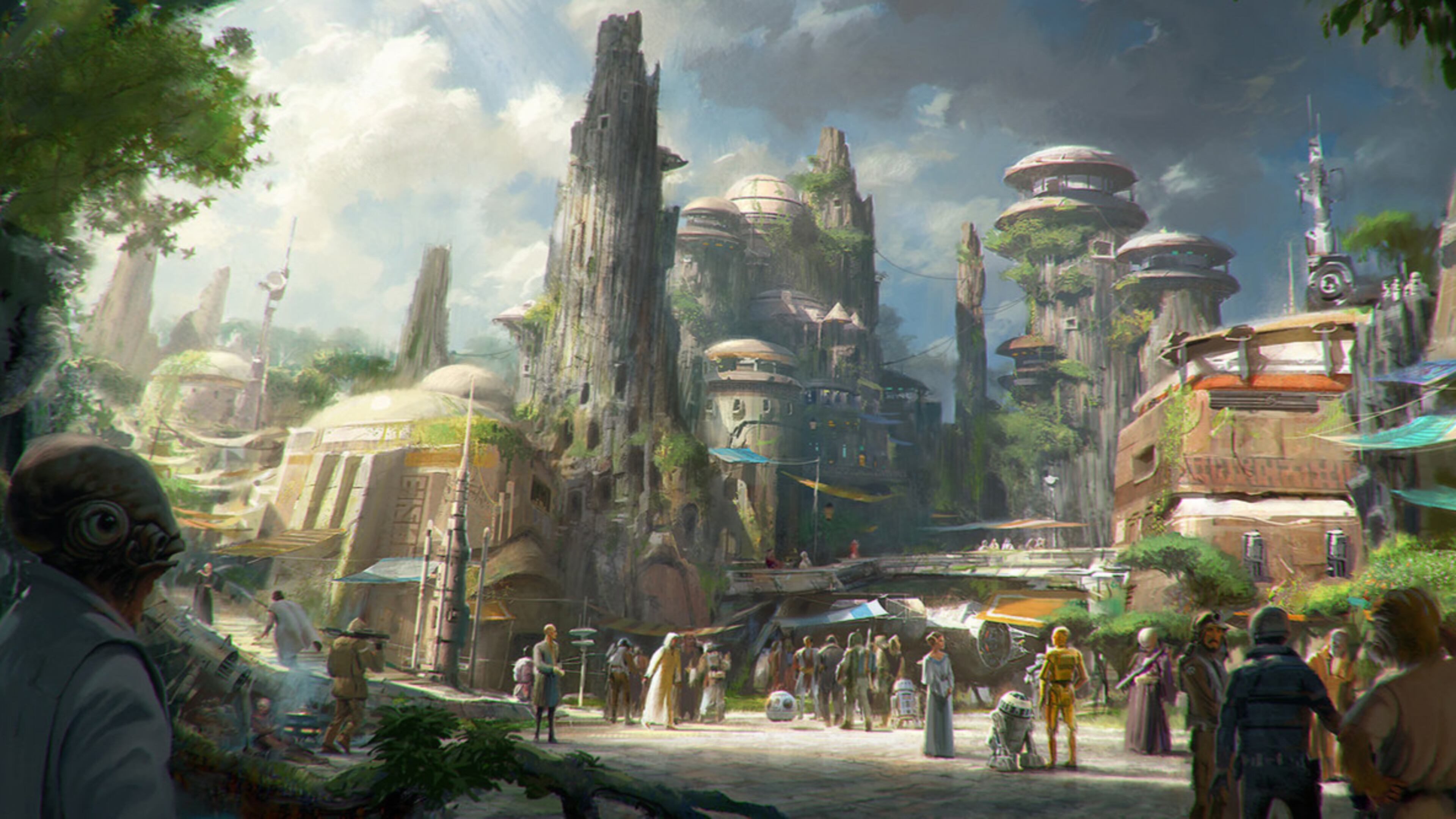 Star Wars-Themed Lands Coming to Disney Parks Ð Walt Disney Company Chairman and CEO Bob Iger announced at D23 EXPO 2015 that Star Wars-themed lands will be coming to Disneyland park in Anaheim, Calif., and DisneyÕs Hollywood Studios in Orlando, Fla., creating DisneyÕs largest single-themed land expansions ever at 14-acres each, transporting guests to a never-before-seen planet, a remote trading port and one of the last stops before wild space where Star Wars characters and their stories come to life. These authentic lands will have two signature attractions, including the ability to take the controls of one of the most recognizable ships in the galaxy, the Millennium Falcon, on a customized secret mission, and an epic Star Wars adventure that puts guests in the middle of a climactic battle. (Disney Parks)