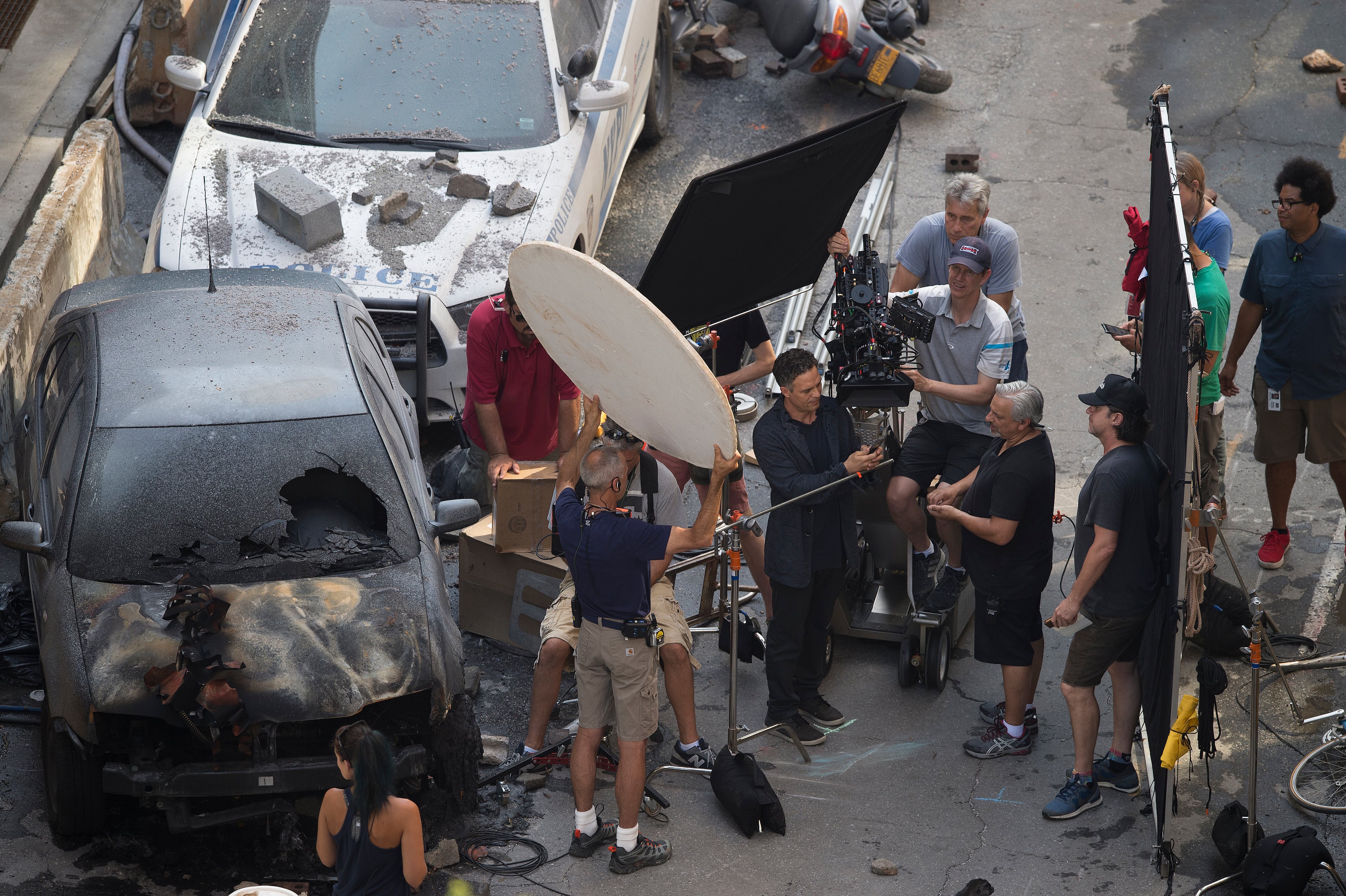 Cast member Mark Ruffalo works during the filming of "Avengers: Infinity War, in 2017, in Atlanta. The set is modeled after a New York City street. (Mike Stewart/AP)