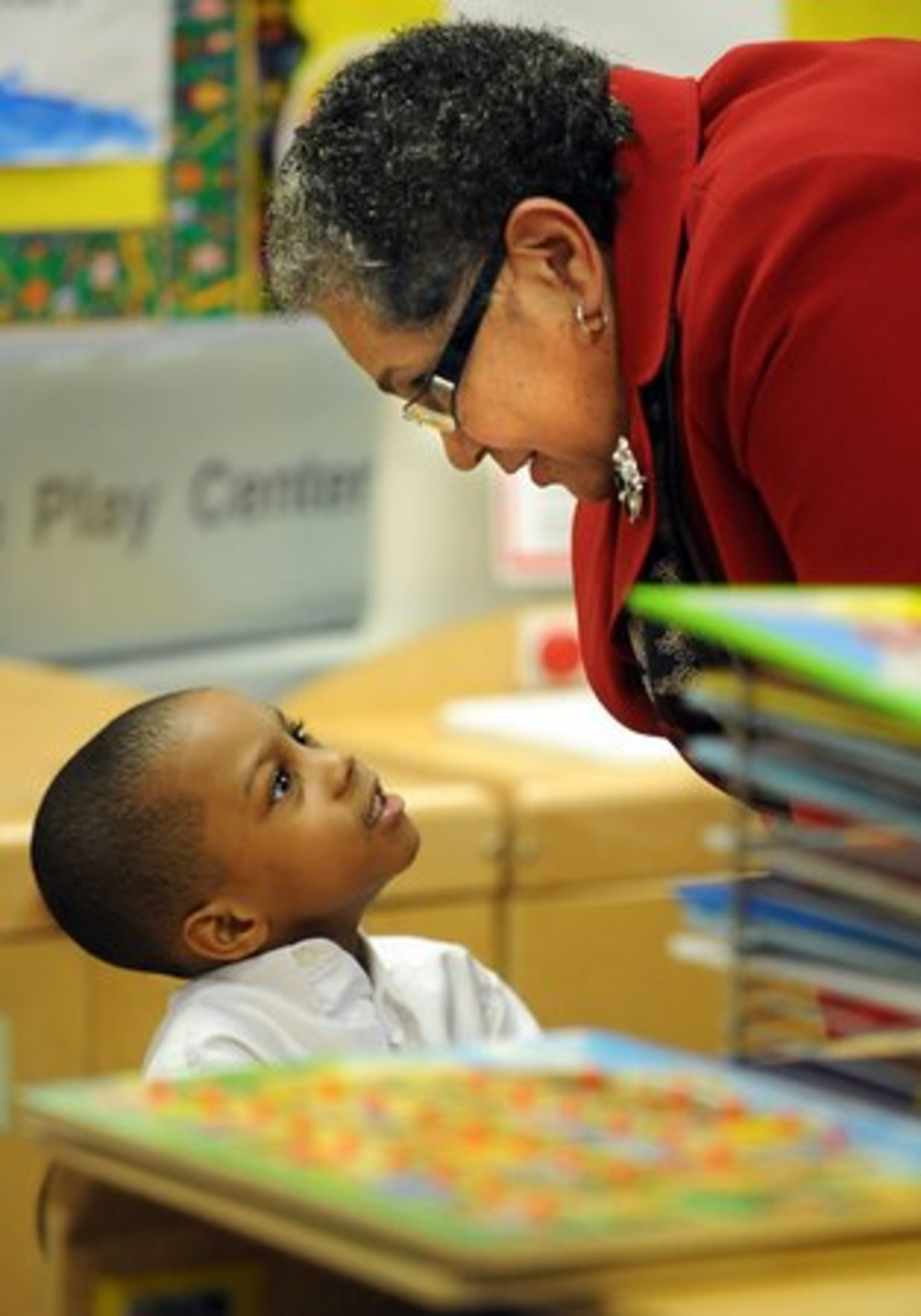 Beverly Hall talks with Keefe' Gordan at Beecher Hills Elementary.