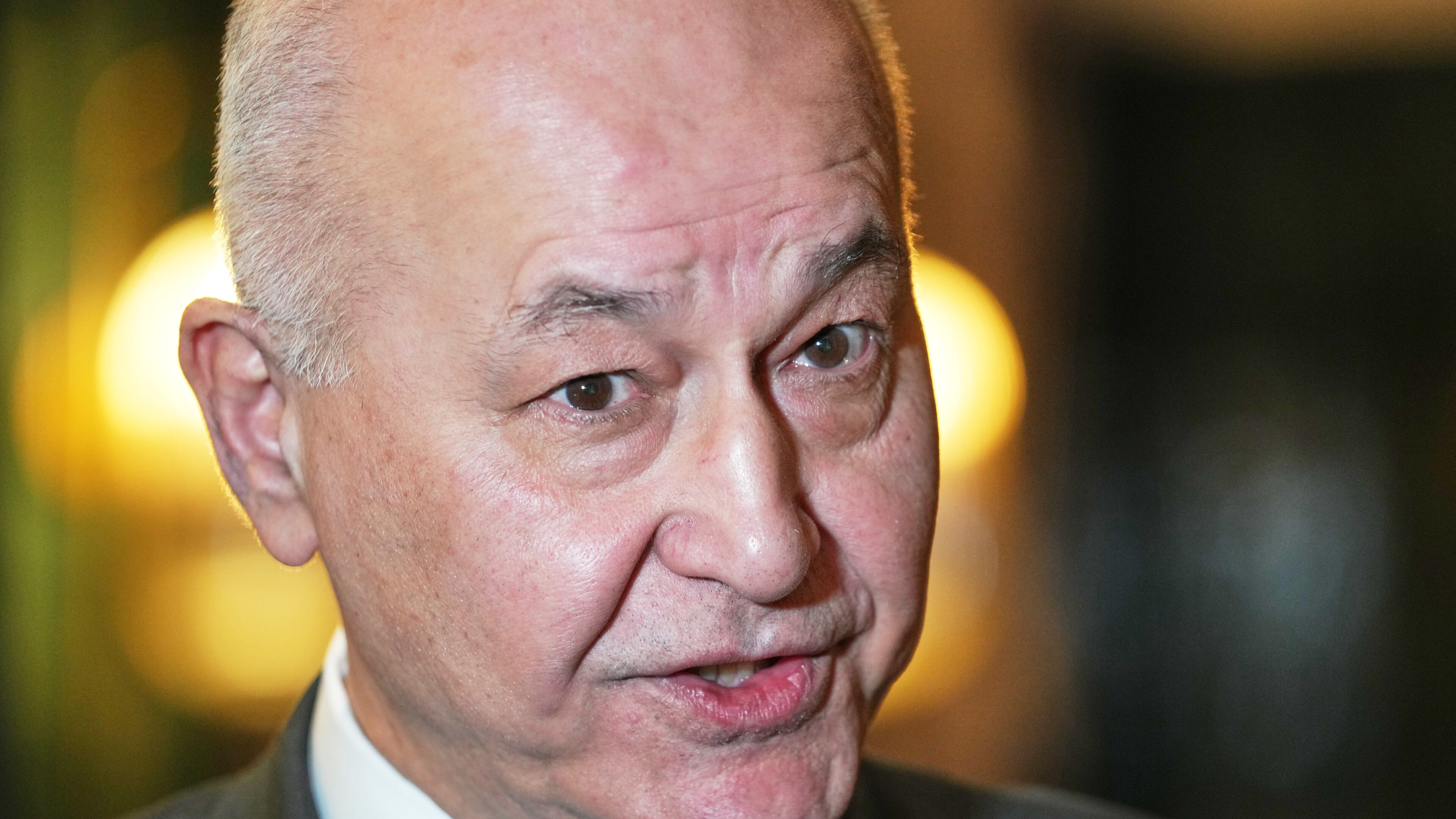 UNCHR High Commissioner Barham Salih talks during an interview with the Associated Press in Kyiv, Ukraine, Friday, Feb. 20, 2026. (AP Photo/Sergei Grits)