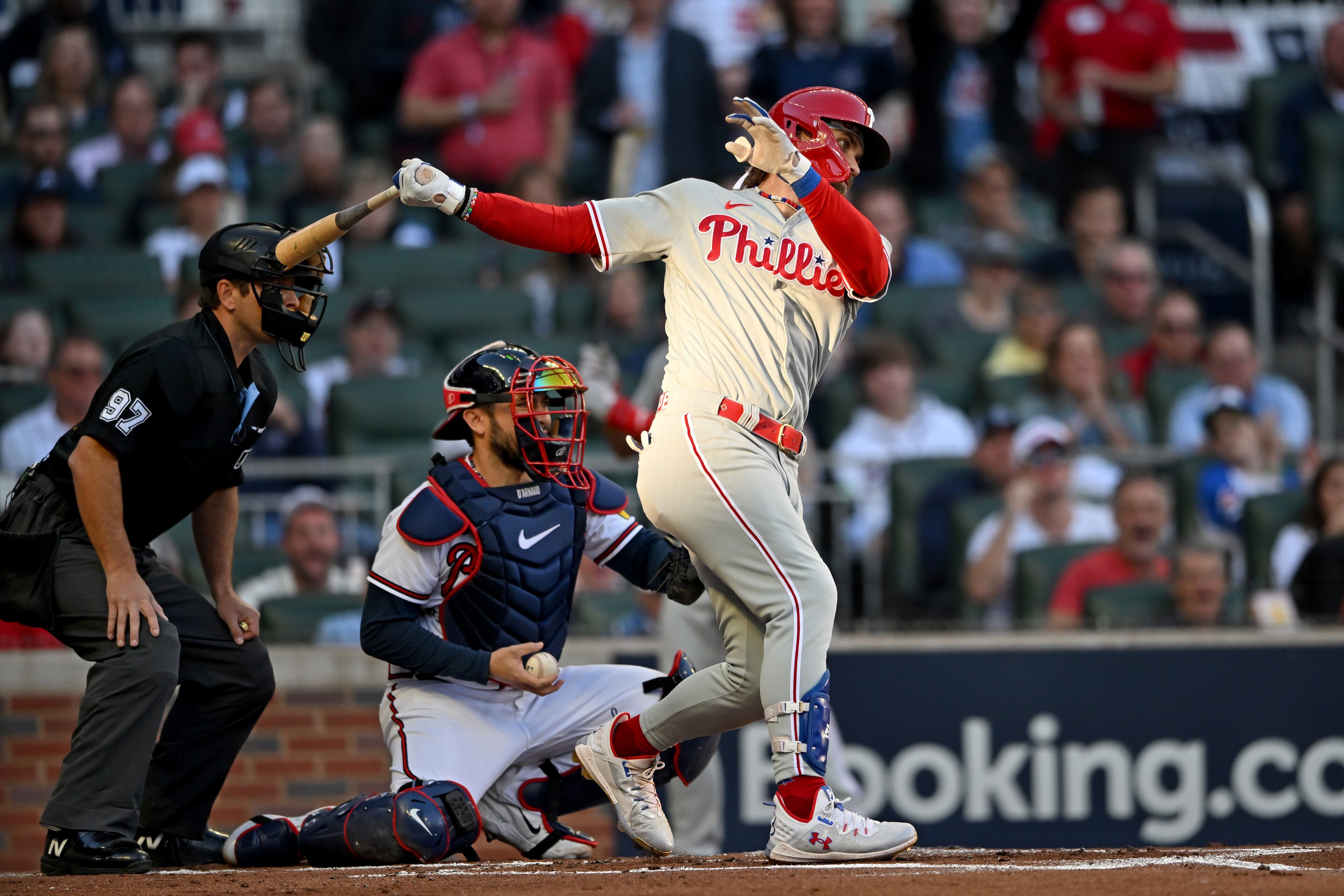 Philadelphia Phillies designated hitter Bryce Harper (3) strikes out in the first inning of the NLDS Game 2 Atlanta on Monday, Oct. 9, 2023. (Hyosub Shin / Hyosub.Shin@ajc.com)