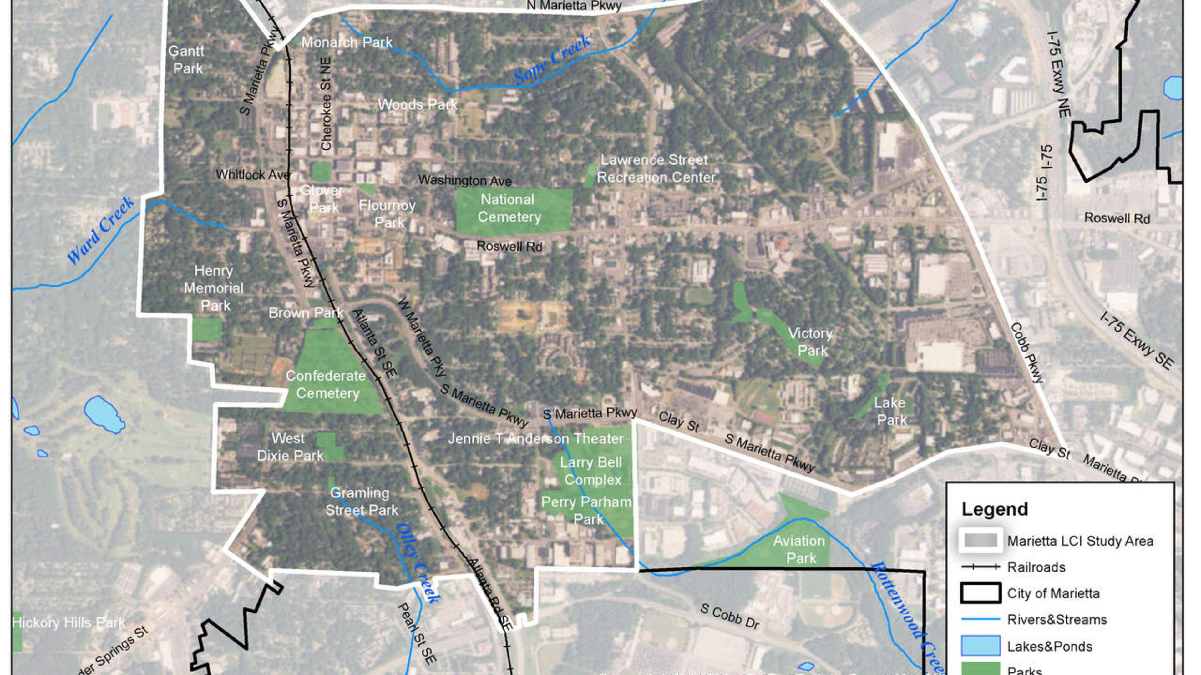 This map shows Marietta’s downtown study area for which city officials are seeking input online and at a Feb. 21 meeting on a new master plan for future growth and development. (Courtesy of Marietta)