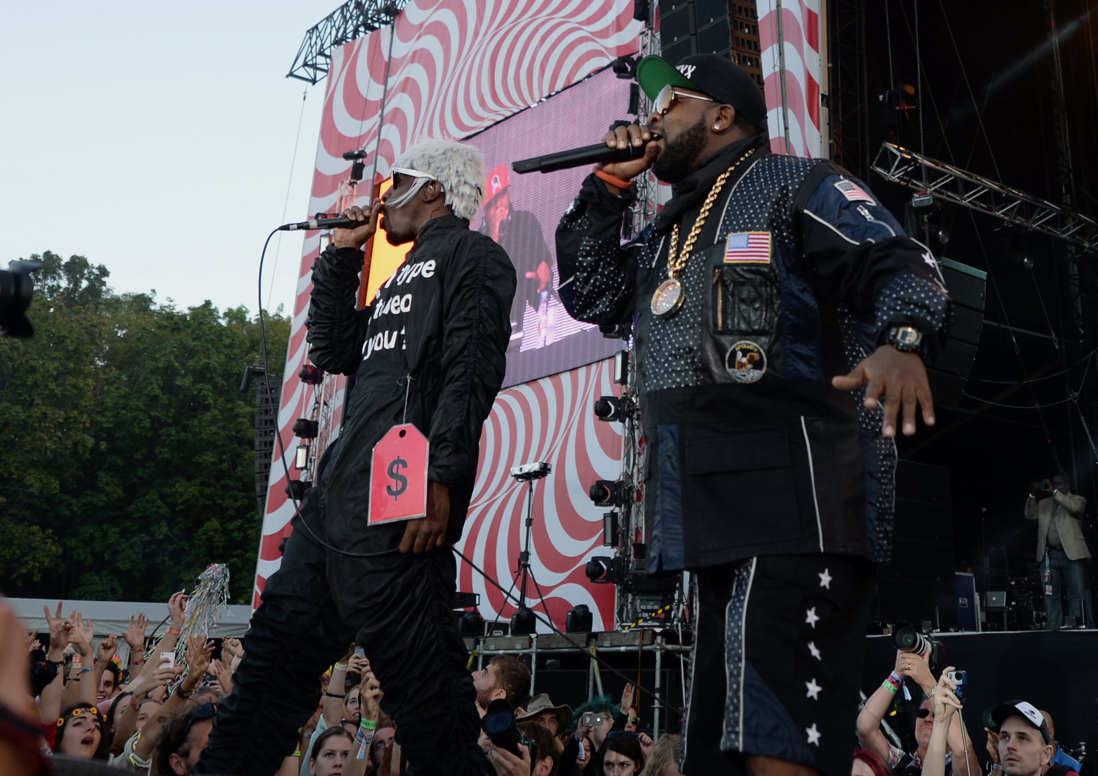 Frontmans of hip-hop duo OutKast, 'Andre 3000' (L) and Antwan 'Big Boi' Patton (R) perform on the main stage of the 'Pop-Rock' music in the Island Festival on 'Hajogyar' (Shipyard) Island in Budapest on August 17, 2014 during their concert. Hungary's Sziget Festival, one of Europe's most popular outdoor music events in heart of Budapest city, began on August 11. AFP PHOTO / ATTILA KISBENEDEK (Photo credit should read ATTILA KISBENEDEK/AFP/Getty Images)
