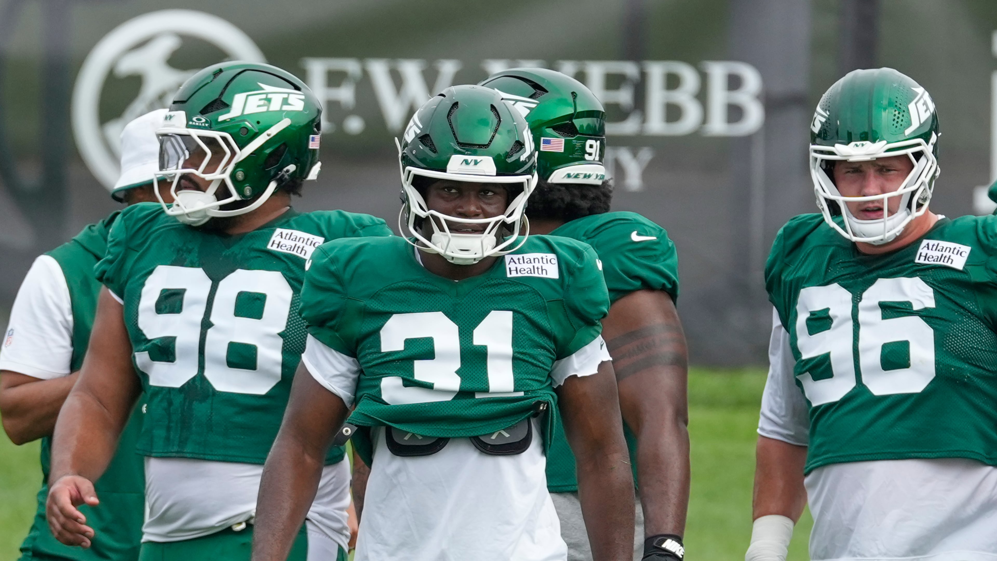 New York Jets' David Bailey (31) participates during a joint practice with the Tampa Bay Buccaneers at an NFL football training camp in Florham Park, N.J., Tuesday, Aug. 11, 2026. (AP Photo/Seth Wenig)