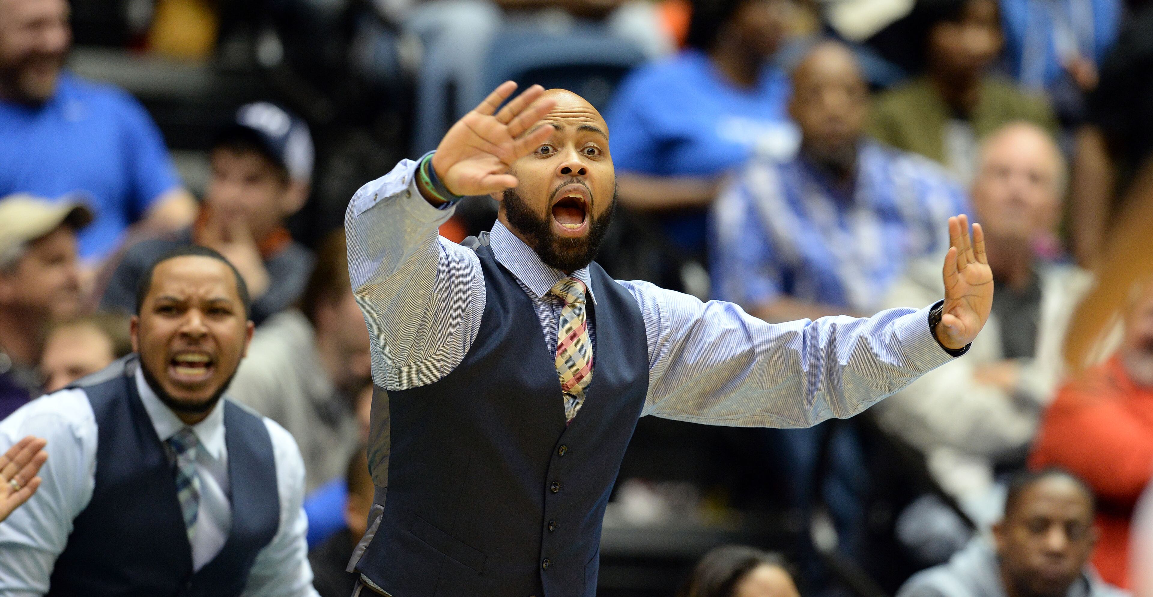 MARCH 5, 2016 MACON Pebblebrook Falcons head coach George Washington directs his team as the Westlake Lions and the Pebblebrook Falcons play in the Class AAAAAA boys championship at the Macon Coliseum Saturday, March 5, 2016. KENT D. JOHNSON/ kdjohnson@ajc.com