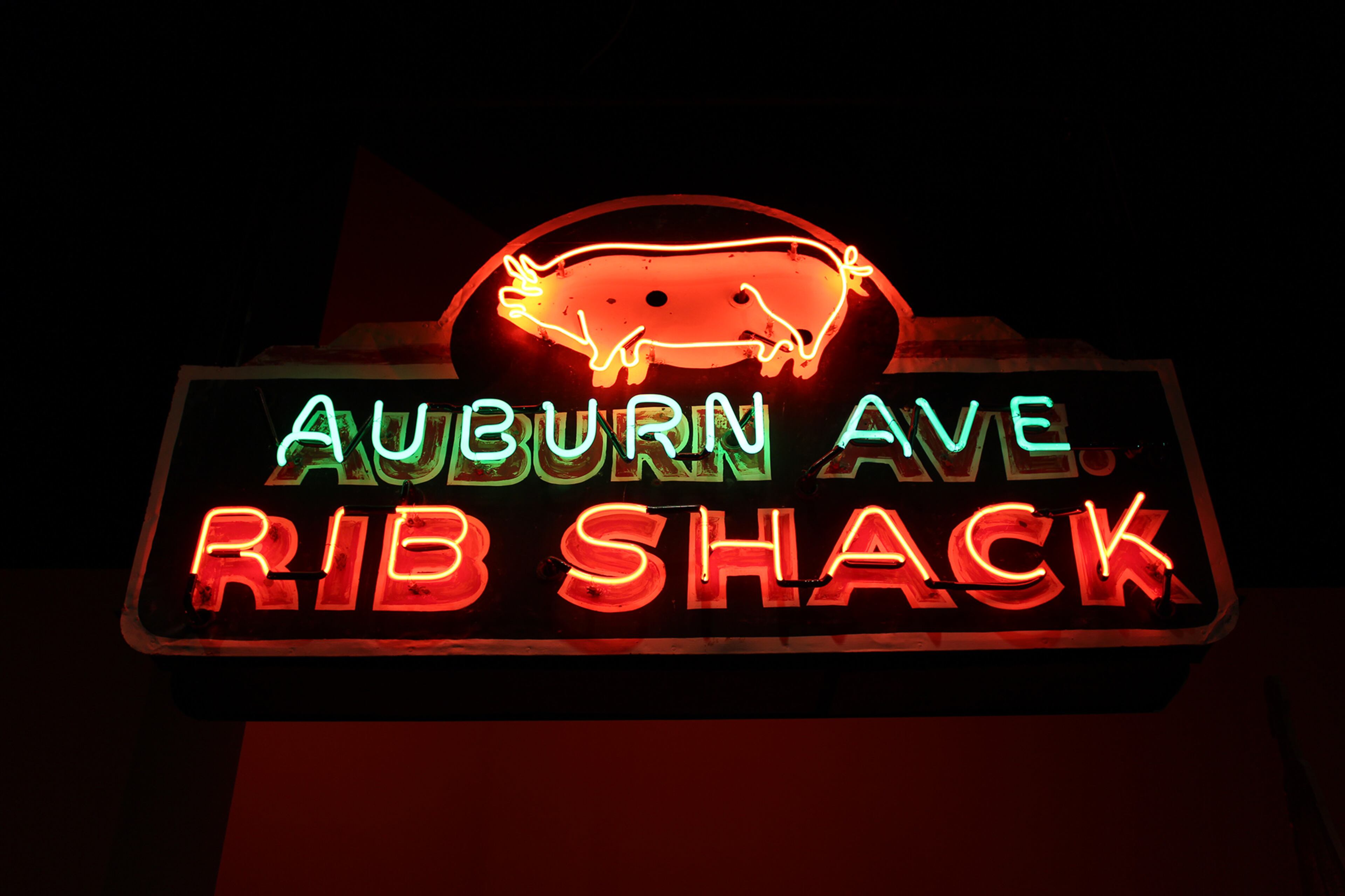 A notable piece of Atlanta streetscape history, the Auburn Ave. Rib Shack neon sign from the 1950s, is included in the Atlanta History Center exhibition Barbecue Nation. CONTRIBUTED BY: Atlanta History Center