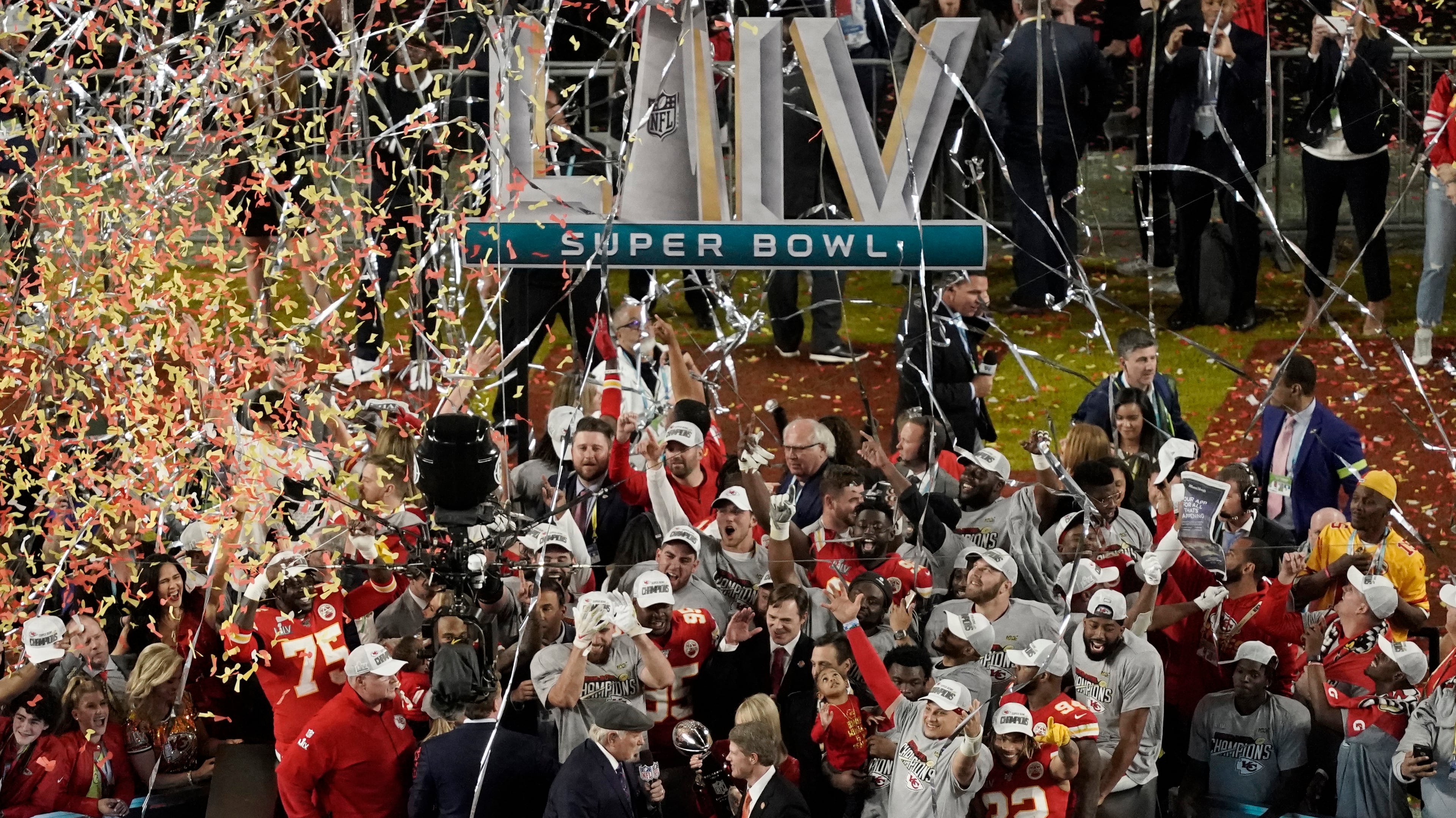 Fox announcer Terry Bradshaw congratulates Kansas City Chiefs owner Clark Hunt and Norma Hunt after the team won the NFL Super Bowl 54 football game Sunday, Feb. 2, 2020, in Miami Gardens, Fla. The Chief's defeated the San Francisco 49ers 31-20.