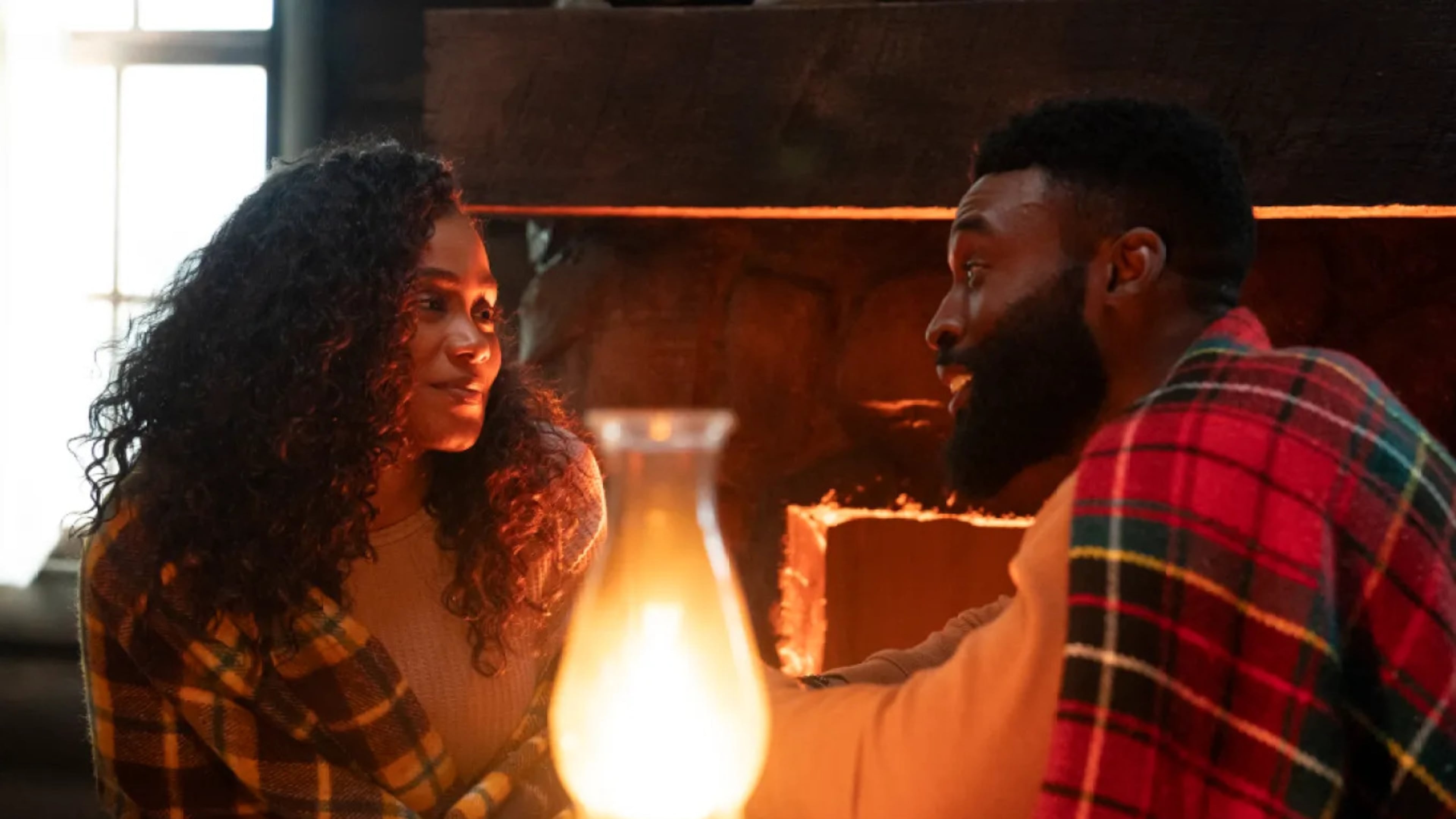 Shannon Thornton and Tosin Morohunfola find love while stuck in a snowstorm in "Tyler Perry's Finding Joy." (Courtesy of Amazon)