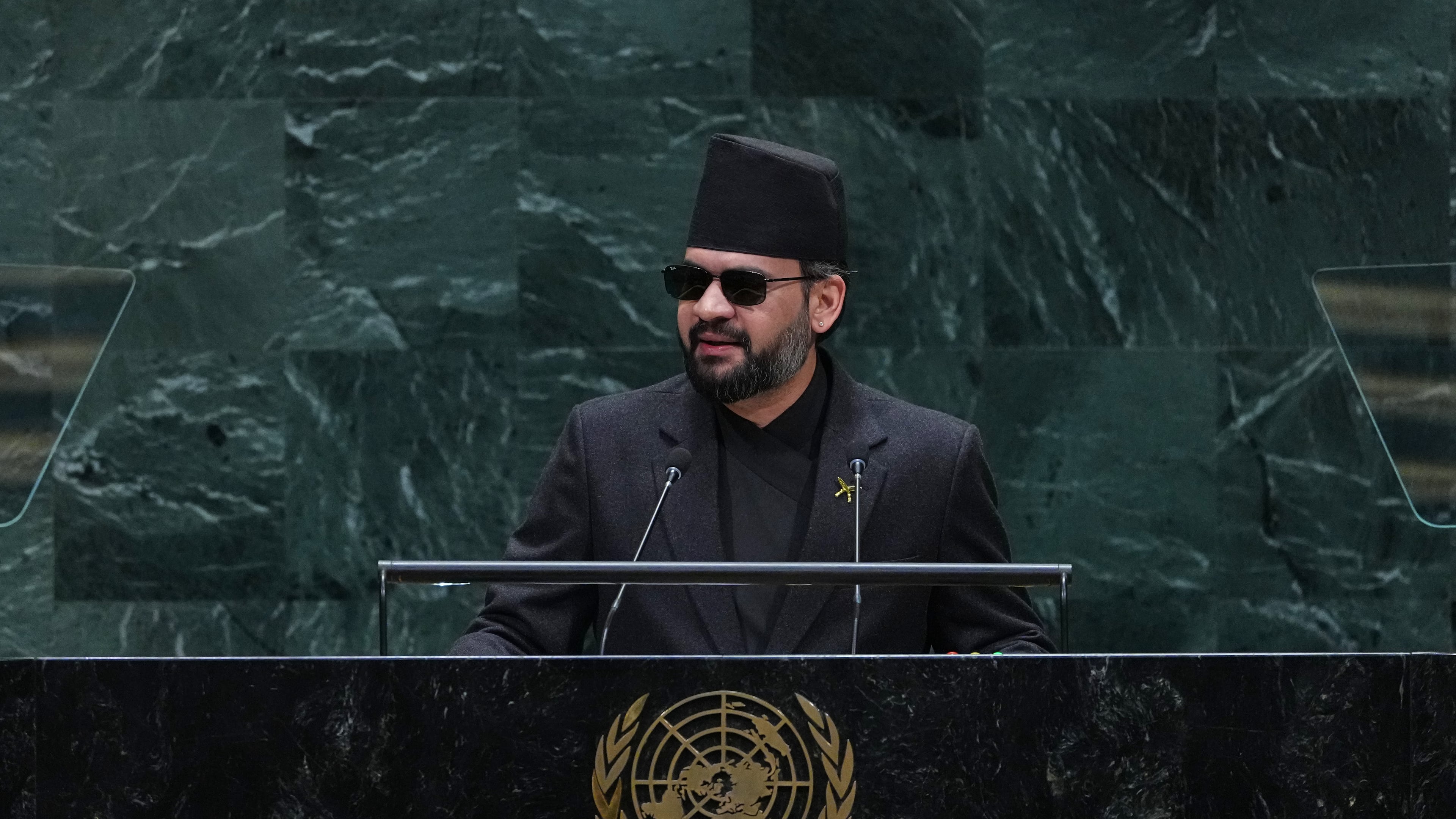 Nepal's Prime Minister Balendra Shah addresses the 81st session of the United Nations General Assembly at U.N. headquarters Thursday, Sept. 24, 2026. (AP Photo/Frank Franklin II)