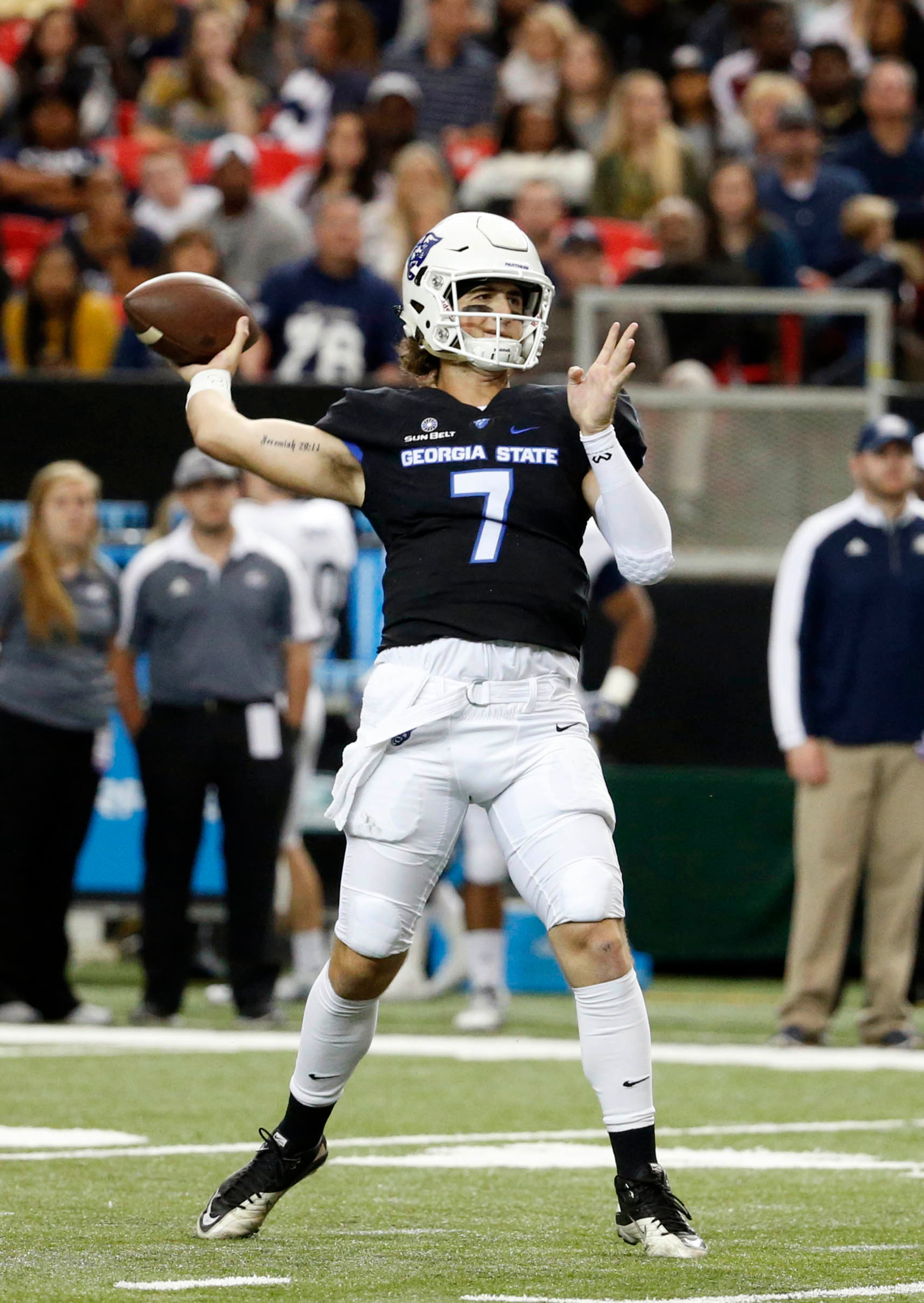 November 19, 2016 - Atlanta, Ga: Georgia State Panthers quarterback Conner Manning (7) looks to throw against the Georgia Southern Eagles during the first half at the Georgia Dome Saturday November 19, 2016, in Atlanta, Ga. PHOTO / JASON GETZ