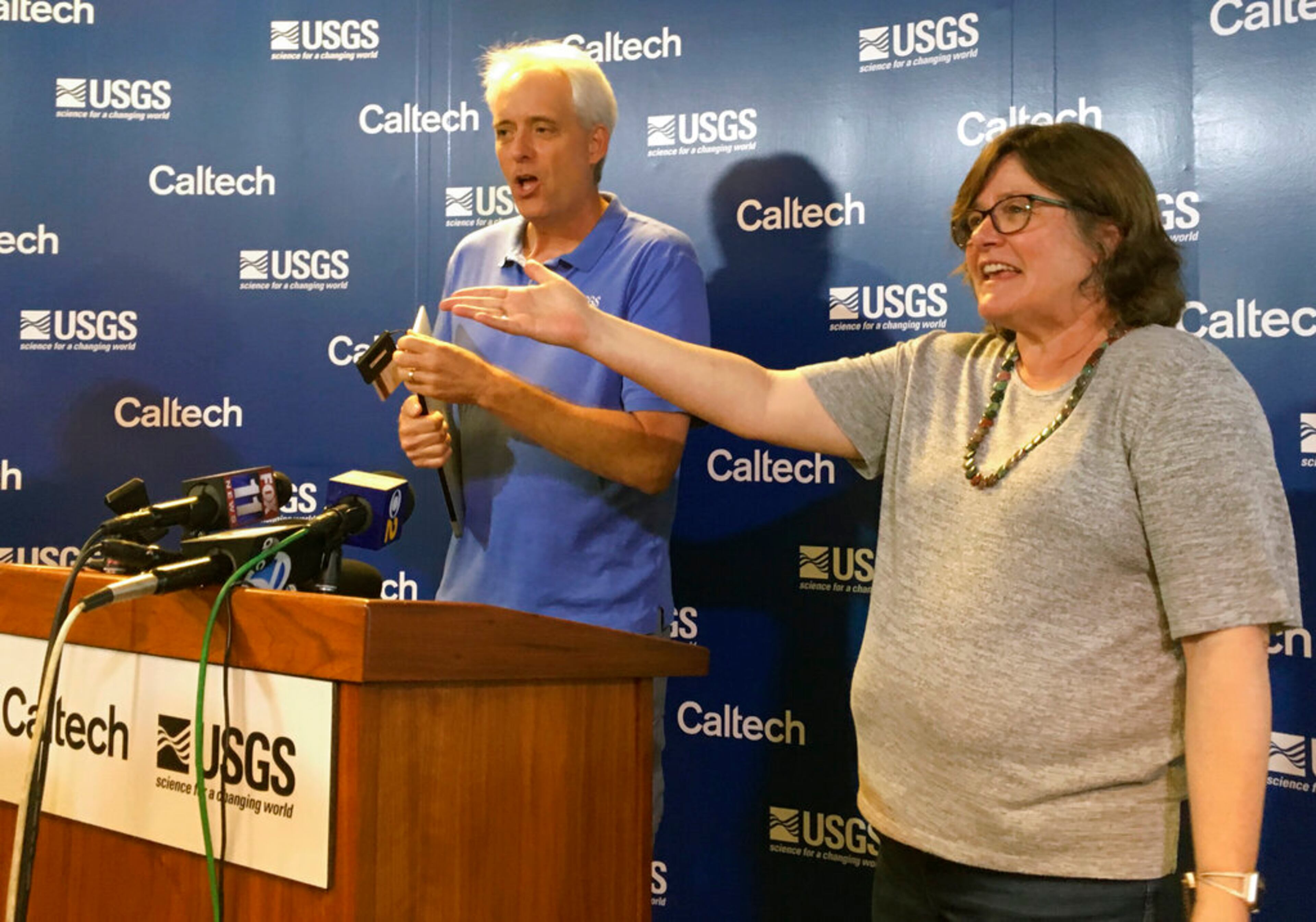 Seismologists Lucy Jones and Robert Graves, answer questions during a news conference at the Caltech Seismological Laboratory in Pasadena, Calif. on Thursday, July 4, 2019. A strong earthquake rattled a large swath of Southern California and parts of Nevada on Thursday morning, making hanging lamps sway and photo frames on walls shake. There were no immediate reports of damage or injuries but a swarm of aftershocks were reported.
