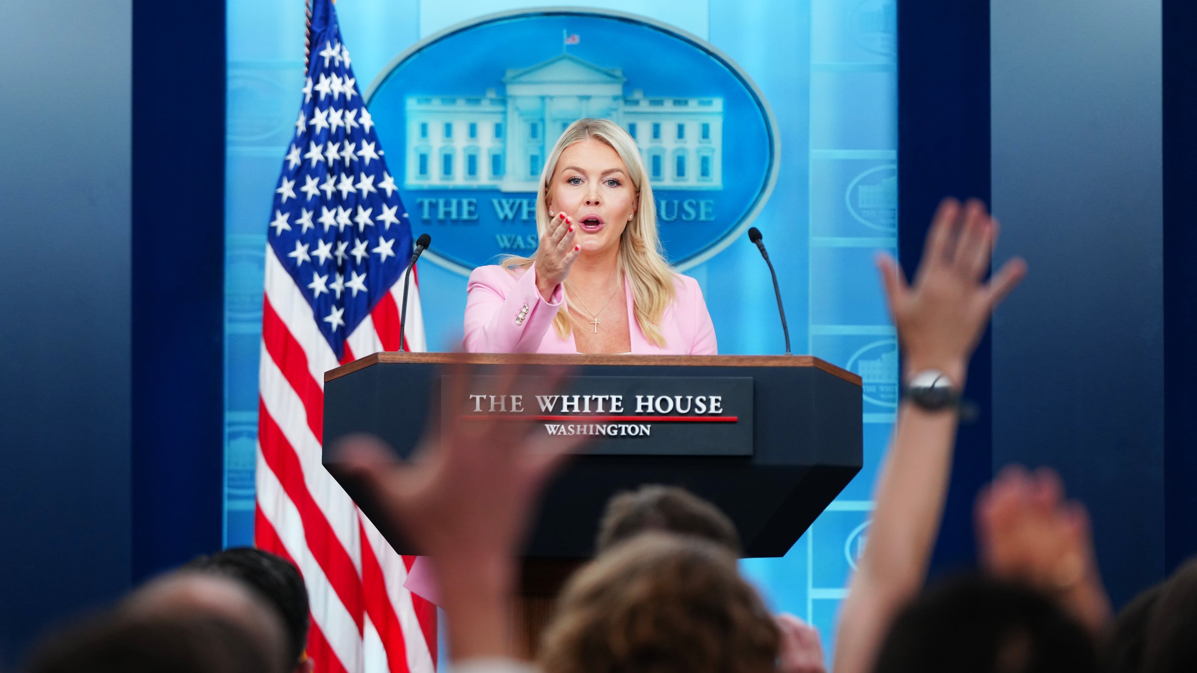 White House press secretary Karoline Leavitt speaks with reporters in the James Brady Press Briefing Room at the White House, Thursday, July 16, 2026, in Washington. (AP Photo/Julia Demaree Nikhinson)