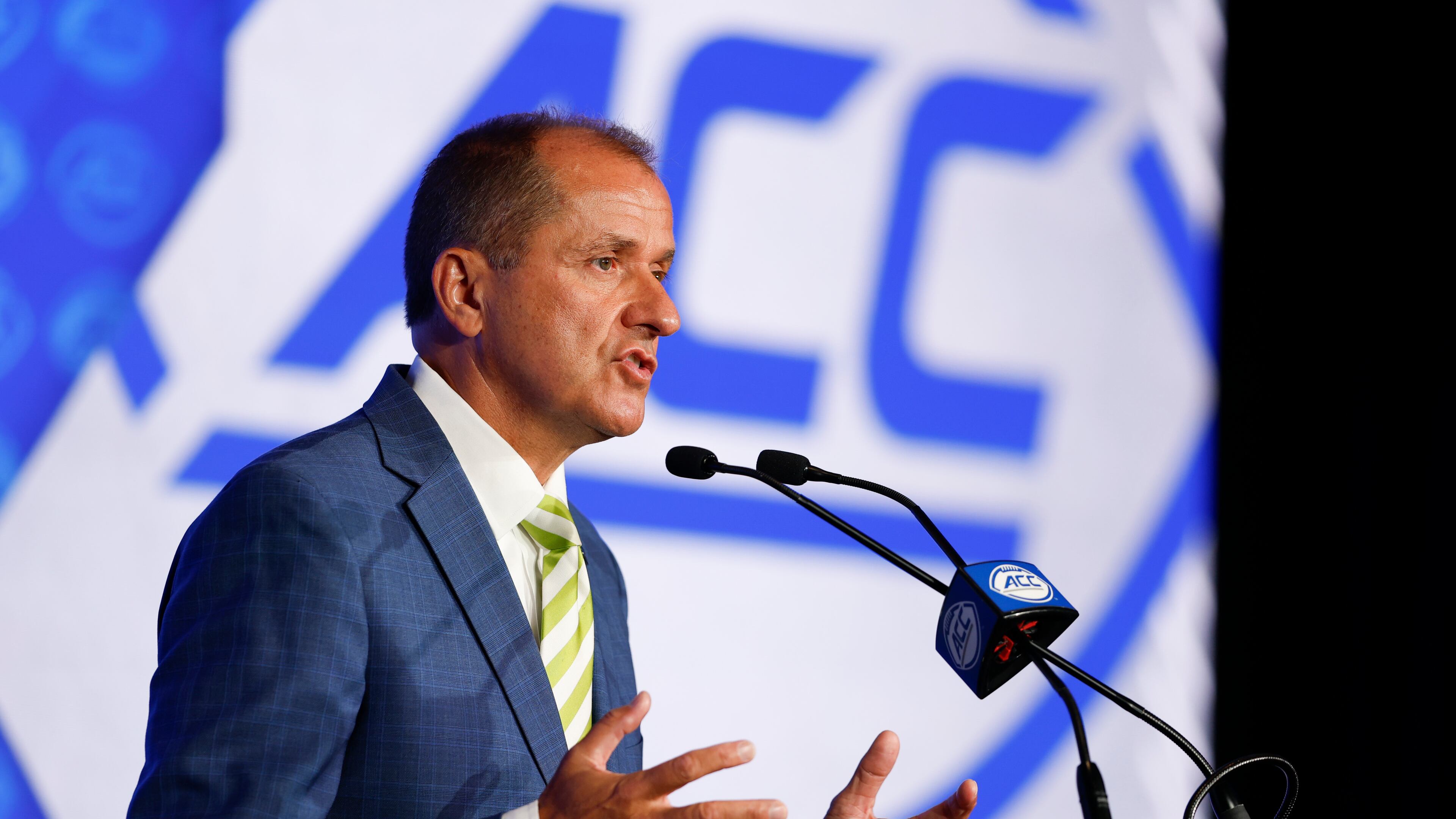 ACC commissioner Jim Phillips speaks to the media Tuesday at the 2025 ACC Kickoff in Charlotte, North Carolina. (Nell Redmond/ACC)