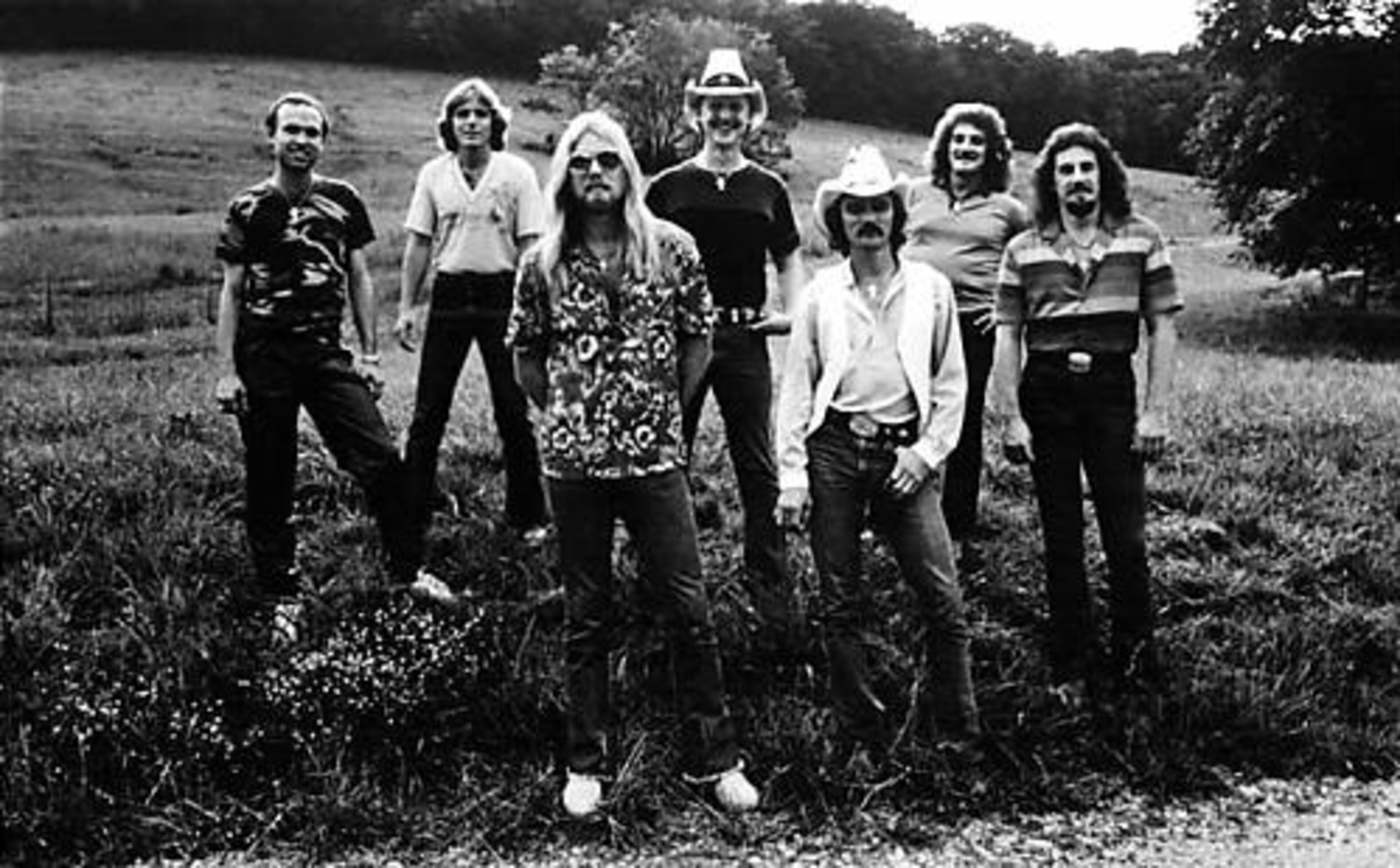 One of the incarnations of the band after Duane Allman and Berry Oakley died. Left to right: Mike Lawler, Dave Goldflies, Gregg Allman, Butch Trucks, Dickey Betts, Dan Toler, Dave Toler.