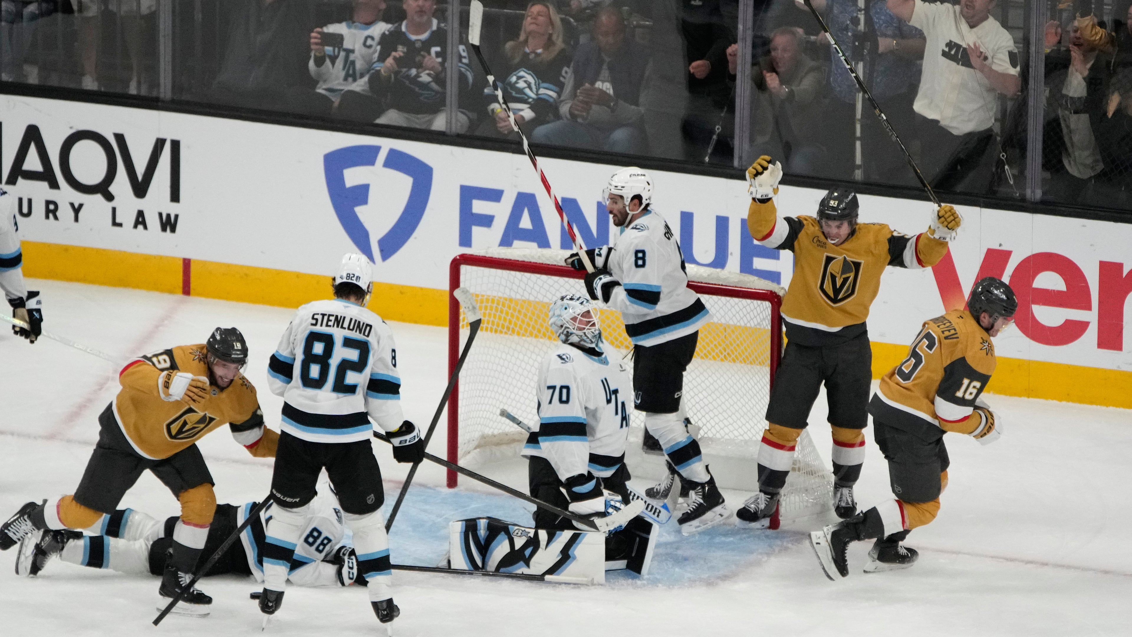 Vegas Golden Knights right wing Pavel Dorofeyev (16) celebrates after scoring against Utah Mammoth goaltender Karel Vejmelka (70) during the third period of Game 5 of a first-round NHL hockey Stanley Cup playoff series Wednesday, April 29, 2026, in Las Vegas. (AP Photo/John Locher)