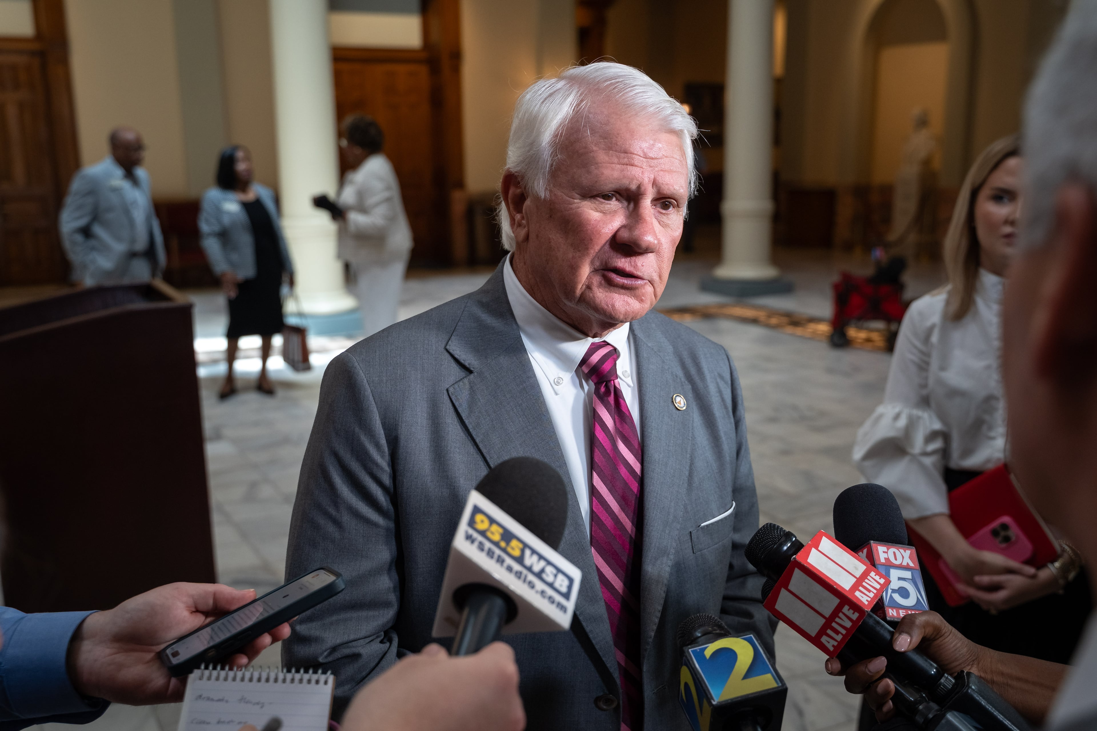 Georgia House Speaker Jon Burns speaks to the media in the state capital south atrium. Wednesday, July 16, 2025 (Ben Hendren for the AJC)
