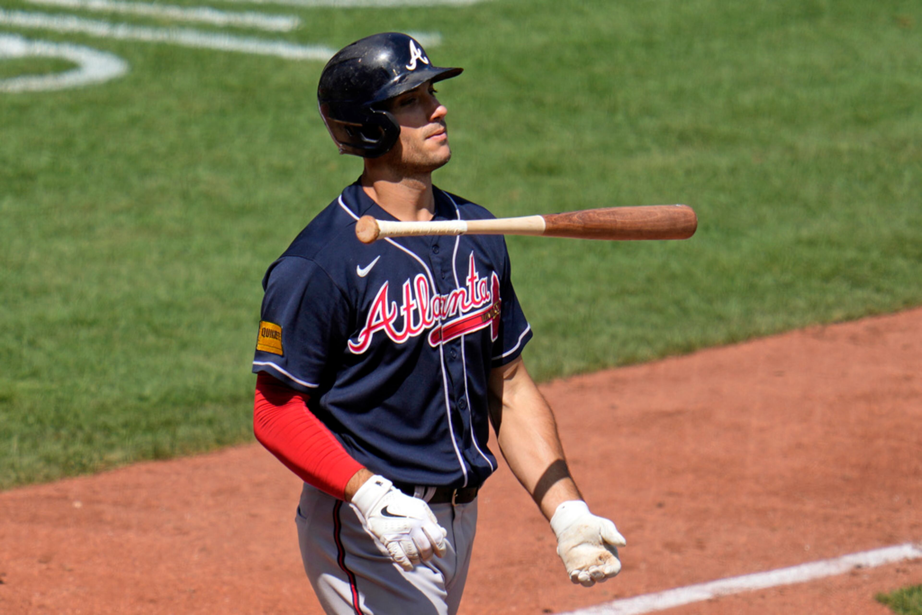 Atlanta Braves' Matt Olson tosses his bat after striking out in the ninth inning to end a baseball game against the Pittsburgh Pirates in Pittsburgh, Thursday, Aug. 10, 2023. The Pirates won 7-5. (AP Photo/Gene J. Puskar)
