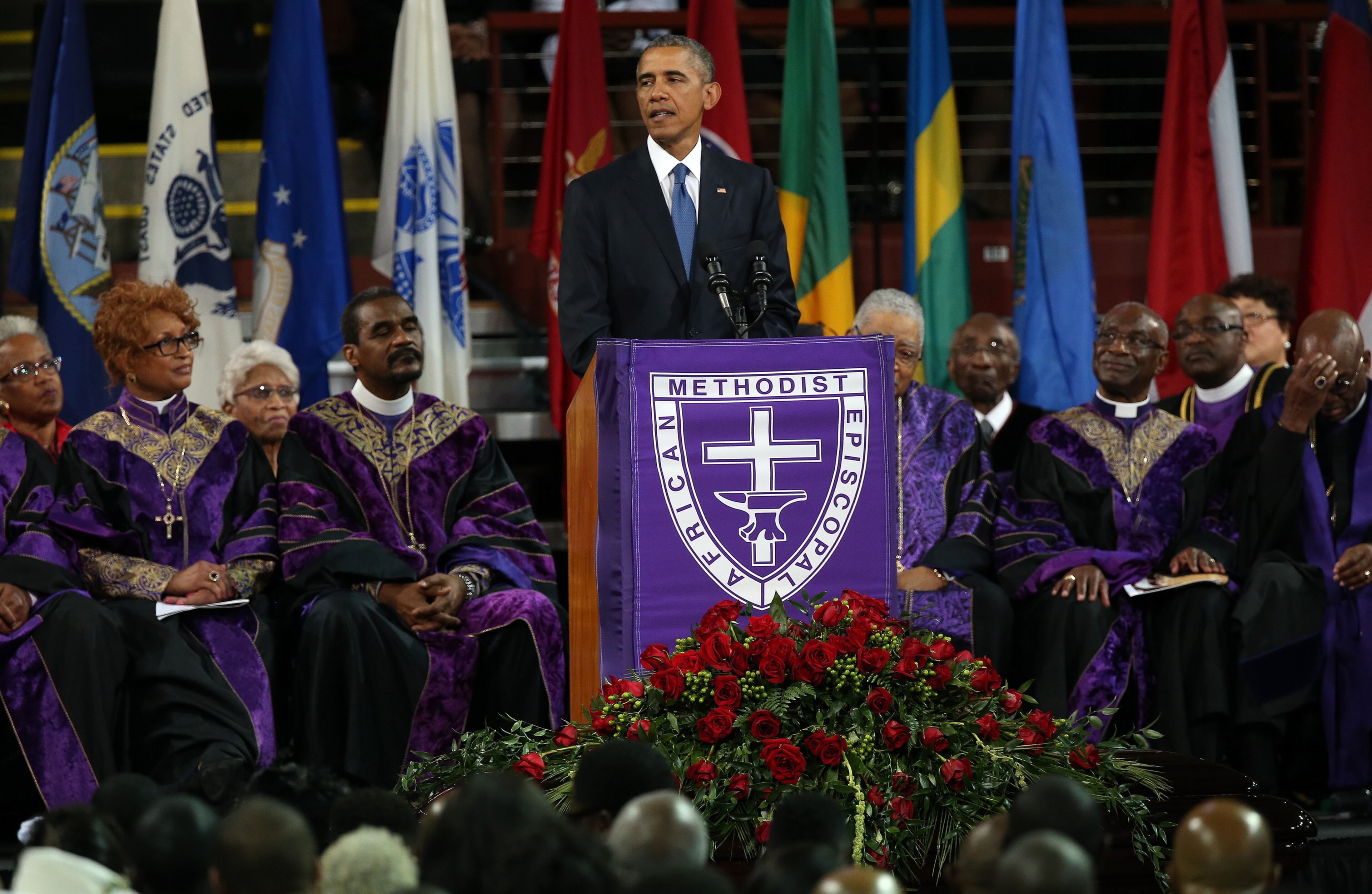 CHARLESTON, SC - JUNE 26: U.S. President Barack Obama delivers the eulogy for South Carolina state senator and Rev. Clementa Pinckney during Pinckney's funeral service June 26, 2015 in Charleston, South Carolina. Suspected shooter Dylann Roof, 21, is accused of killing nine people on June 17th during a prayer meeting in the church, which is one of the nation's oldest black churches in Charleston. (Photo by Win McNamee/Getty Images)