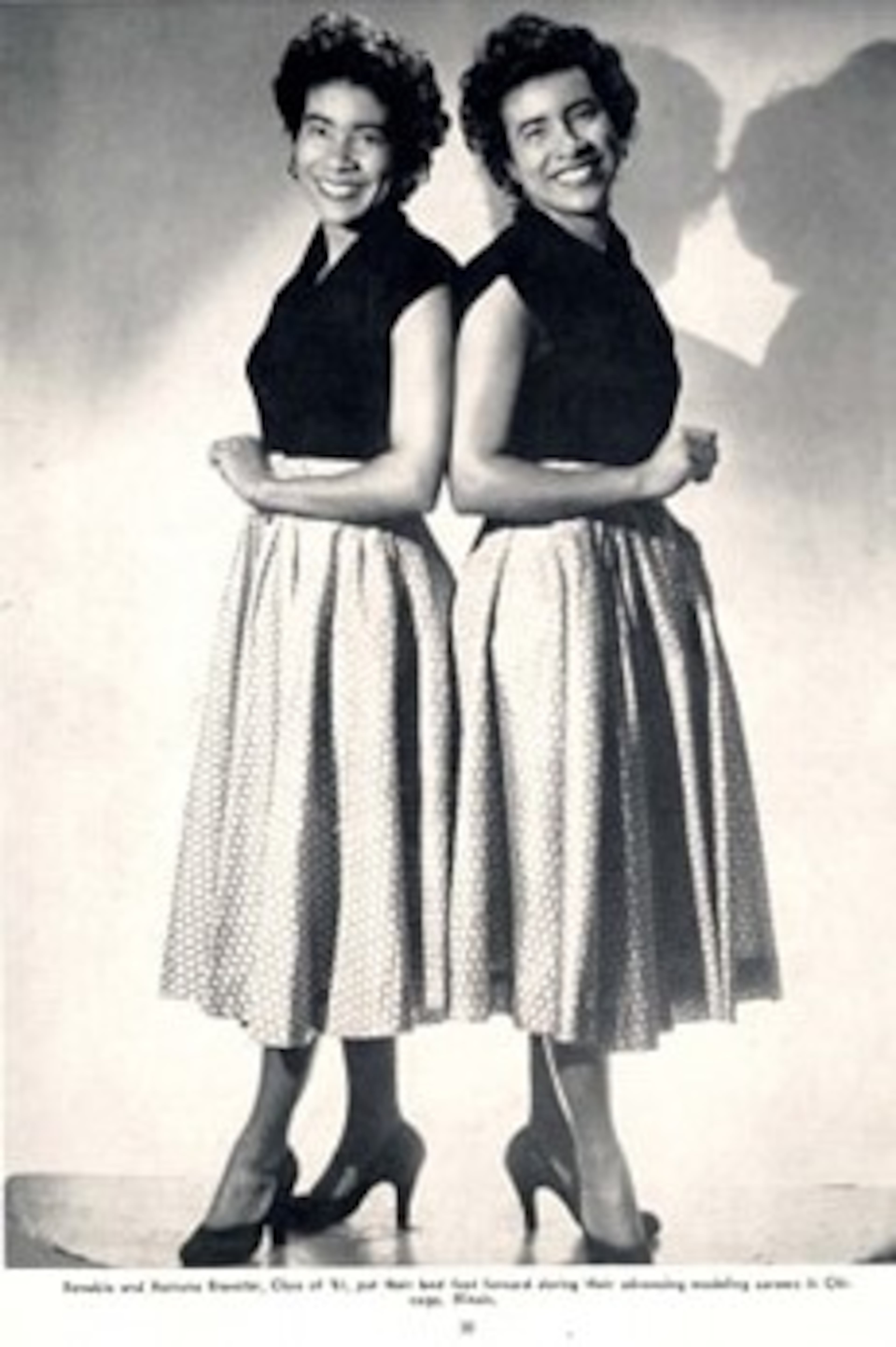 From the 1954 Tennessee State University yearbook, "The Tennessean:" Xenobia and Xernona Brewster, class of '51, put their best feet forward during their advancing modeling careers in Chicago, Illinois.