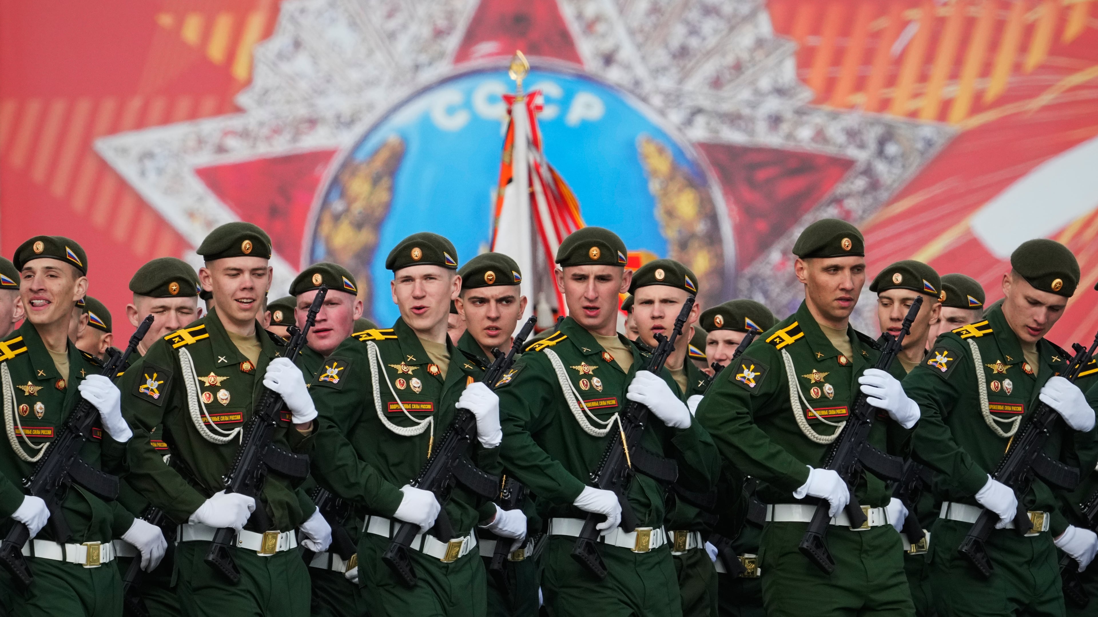 Troops march during a rehearsal for the Victory Day military parade at the Dvortsovaya (Palace) Square in St. Petersburg, Russia, Tuesday, May 5, 2026. (AP Photo/Dmitri Lovetsky)
