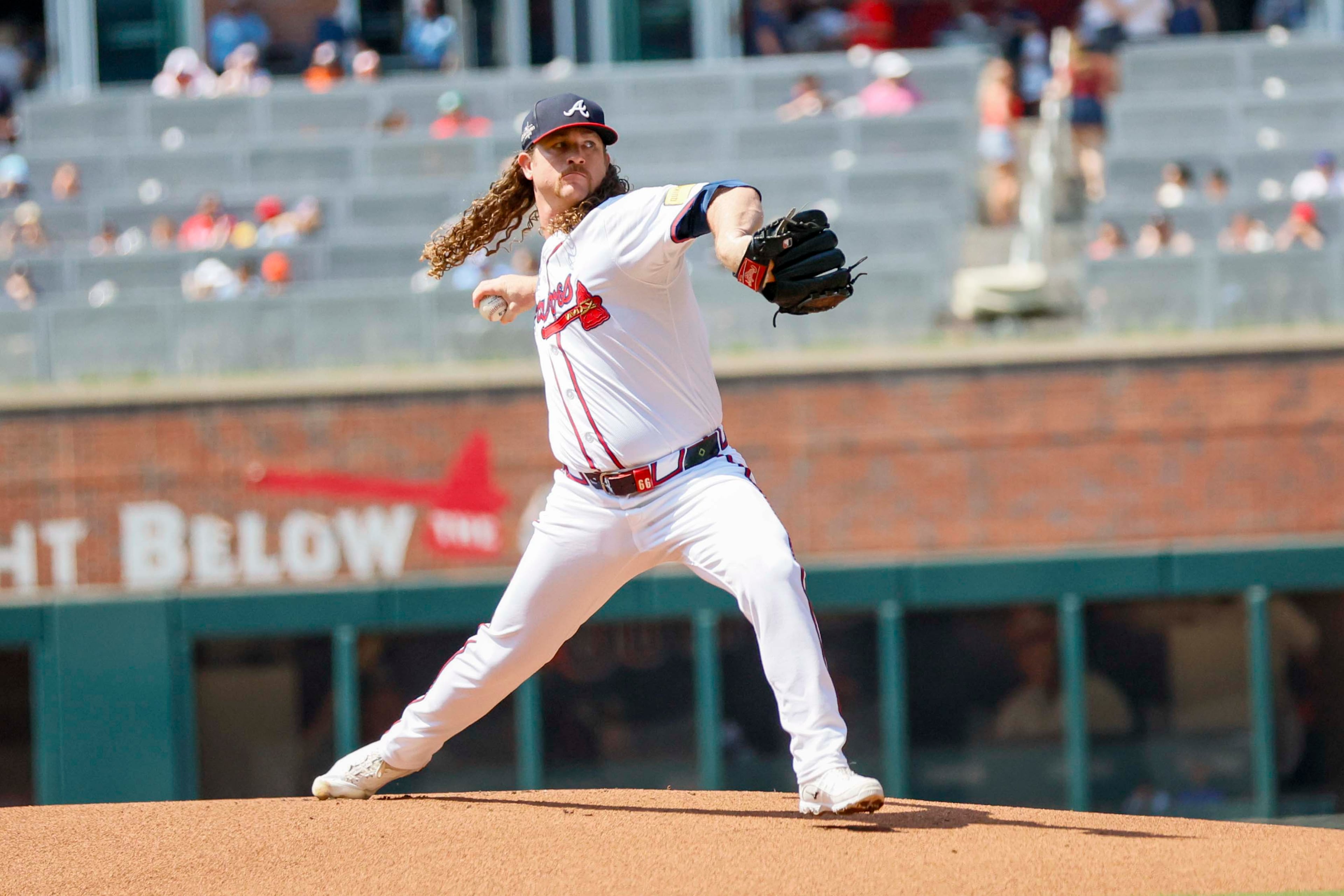 Atlanta Braves pitcher Grant Holmes (66) Braves starting pitcher Grant Holmes (66) delivers to a Baltimore Orioles batter during the first inning at Truist Park on Sunday, July 6, 2025, in Atlanta.
(Miguel Martinez/ AJC)