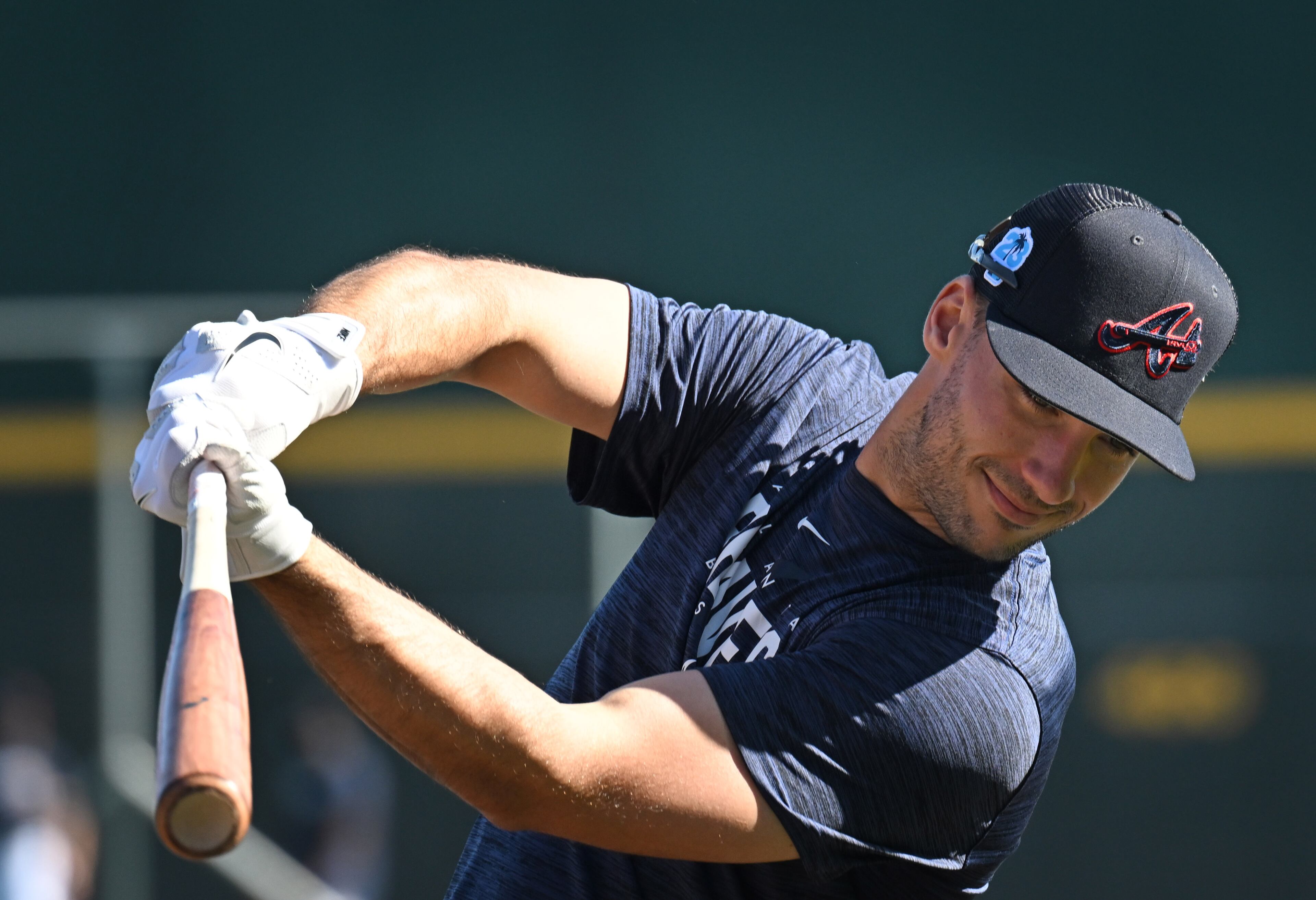 Braves first baseman Matt Olson takes practice swings as he waits his turn for batting practice during spring training Thursday at CoolToday Park in North Port, Florida. (Hyosub Shin / Hyosub.Shin@ajc.com)