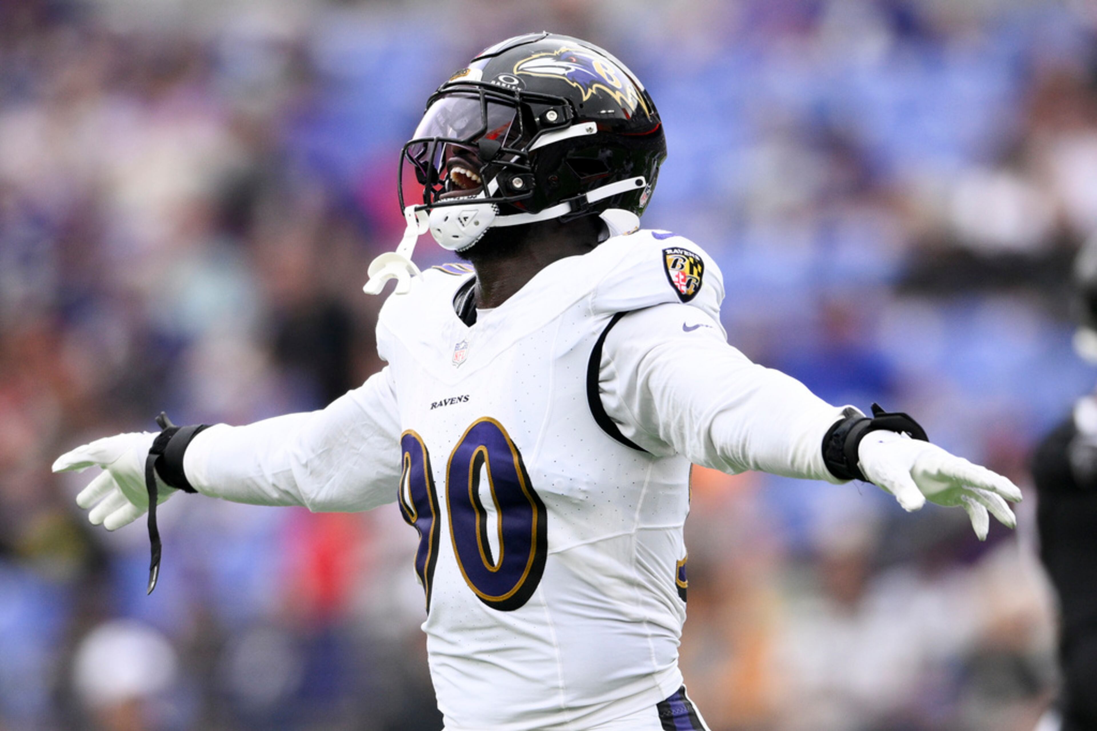 Baltimore Ravens linebacker David Ojabo celebrates after the Atlanta Falcons missed a field goal during the first half of a preseason NFL football game on Saturday, Aug. 17, 2024, in Baltimore. (AP Photo/Nick Wass)