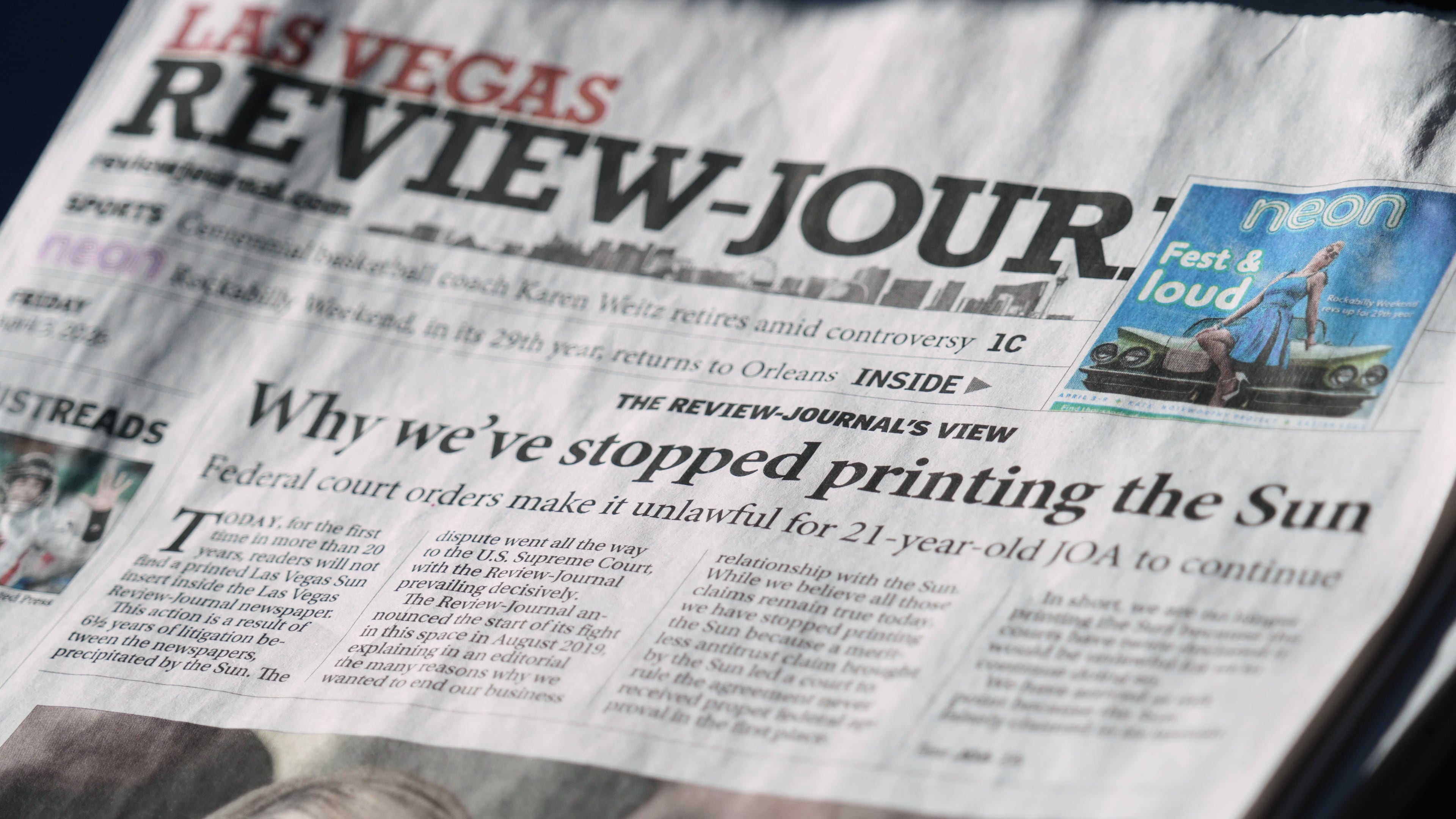 The front page of the Las Vegas Review-Journal is shown Friday, April 3, 2026, in Las Vegas (AP Photo/Ty Oneil)