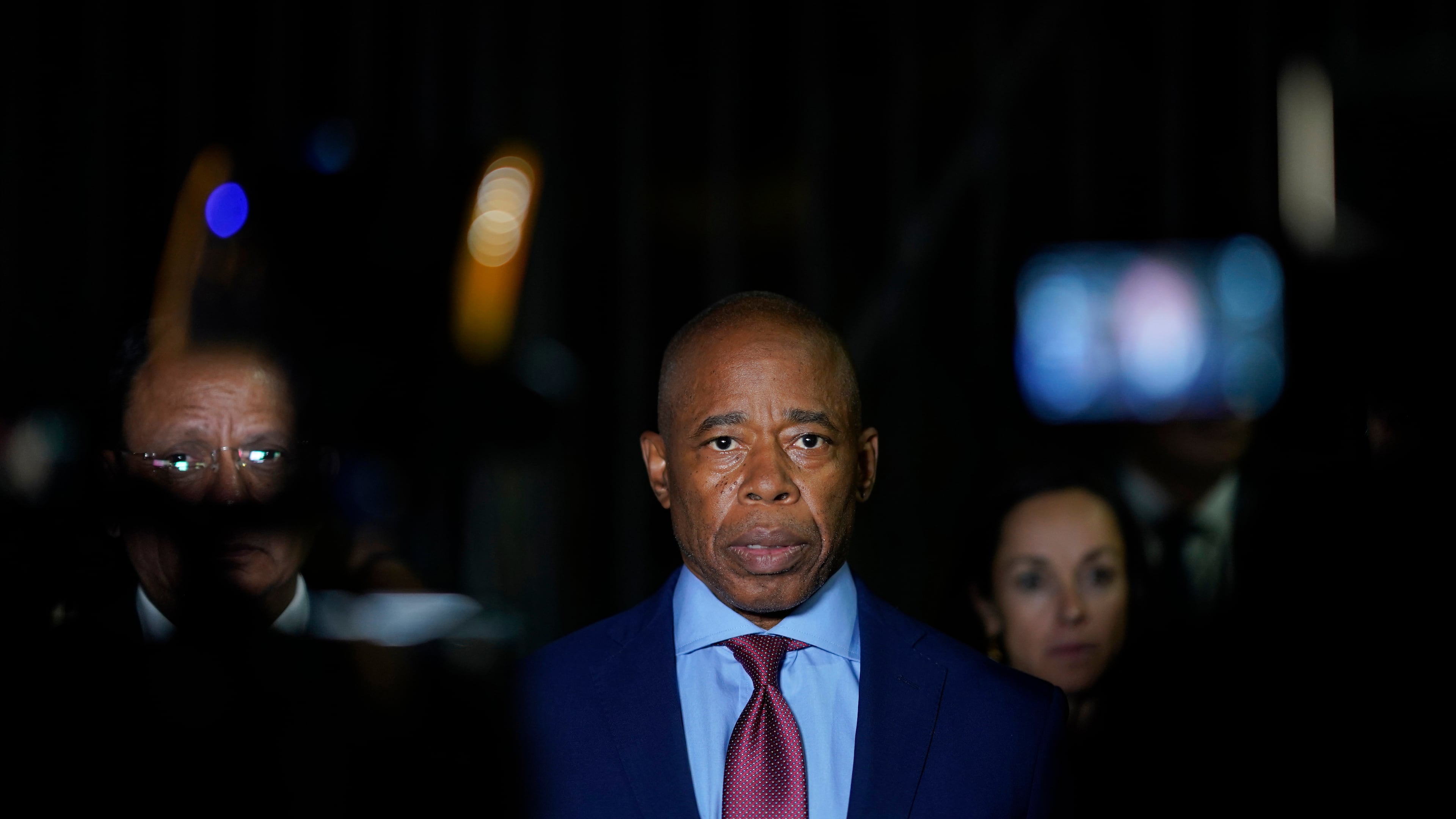 FILE - New York City Mayor Eric Adams talks to the press in front of the Basilica of Our Lady of Guadalupe, Oct. 4, 2023, in Mexico City. (AP Photo/Eduardo Verdugo, File)