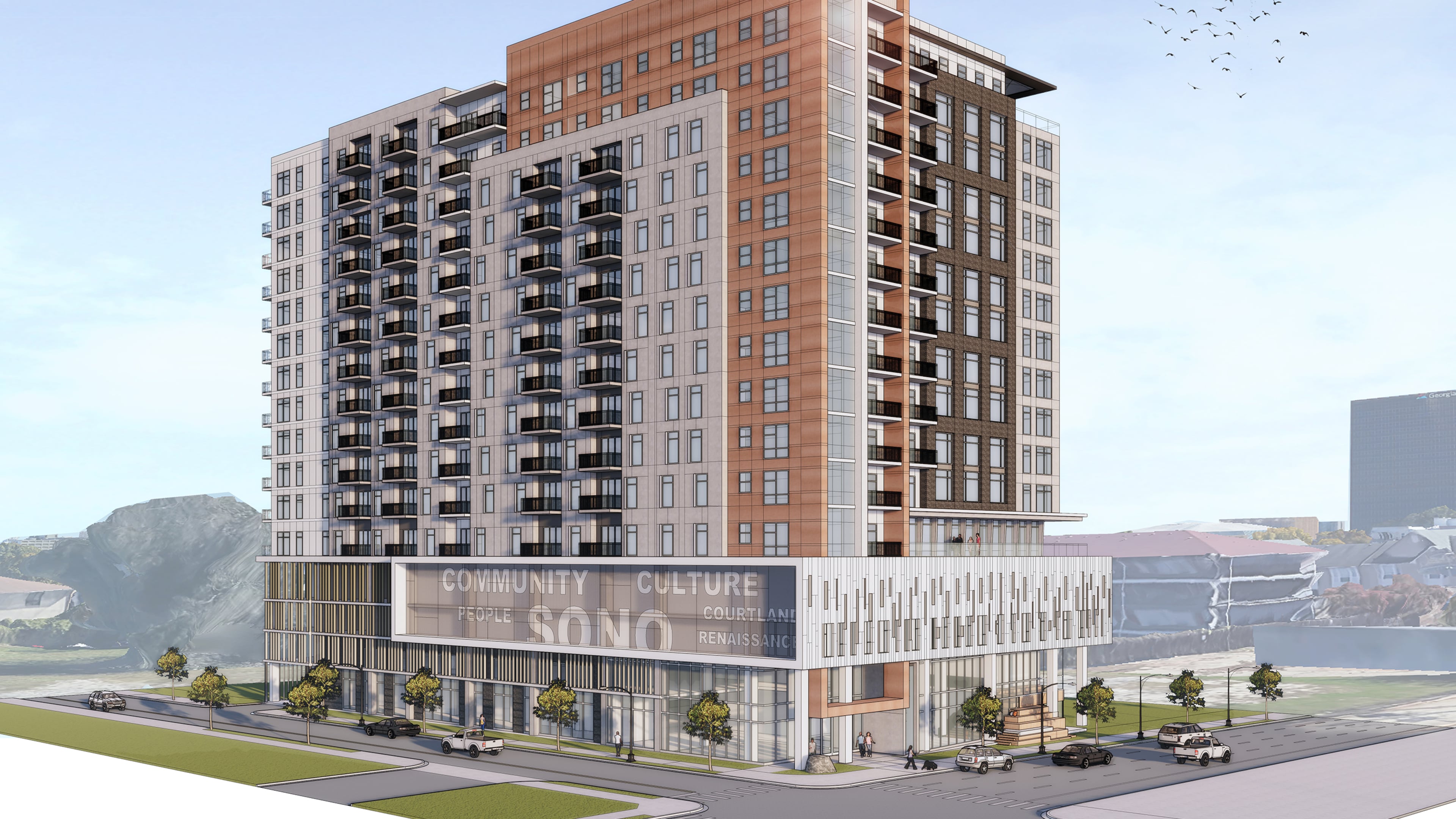 A luxury apartment tower is planned near the former Peachtree-Pine homeless shelter. (Source: Woodfield Development)