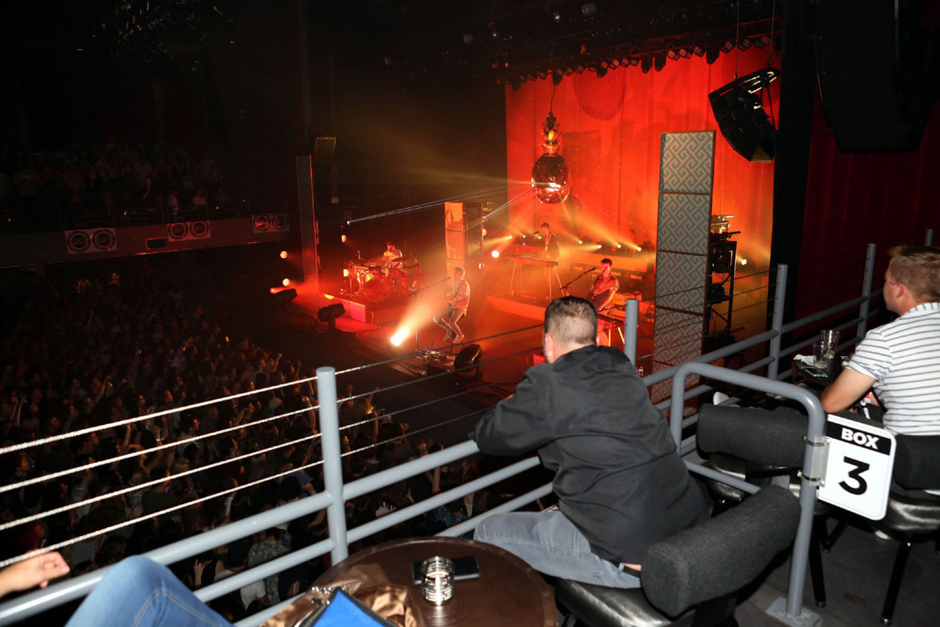 #7 of #34. PLEASE KEEP IN SEQUENTIAL ORDER FOR THE CONTINUITY OF THE GALLERY.
-- The close view from the comfortable VIP box seats in the balcony.
The Coca Cola Roxy Theater held its grand opening celebration on Saturday, April 8, 2017, with British indie favorites Glass Animals and Australia's Jagwar Ma selling out the venue for Radio 105.7's fouth birthday party bash. Located in the nearly completed Battery entertainment district, next to SunTrust Park, new home of the Atlanta Braves, the gorgeous, nearly 4,000 capacity venue got positive grades from most of the VIP's and concert fans in attendence.
Robb Cohen Photography & Video /RobbsPhotos.com