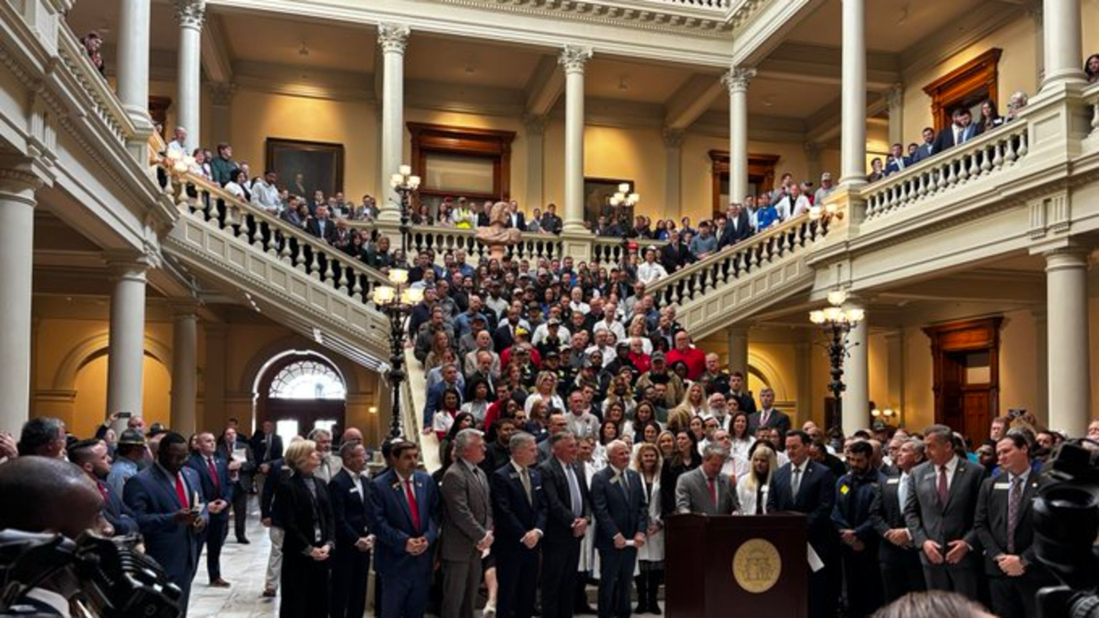 Gov. Brian Kemp unveiled a long-promised overhaul of the state legal system that he pledged would rein in rising insurance rates by curbing jury awards and limiting certain lawsuits at an event at the Capitol in Atlanta on Thursday, Jan. 30, 2025. (Greg Bluestein/AJC)
