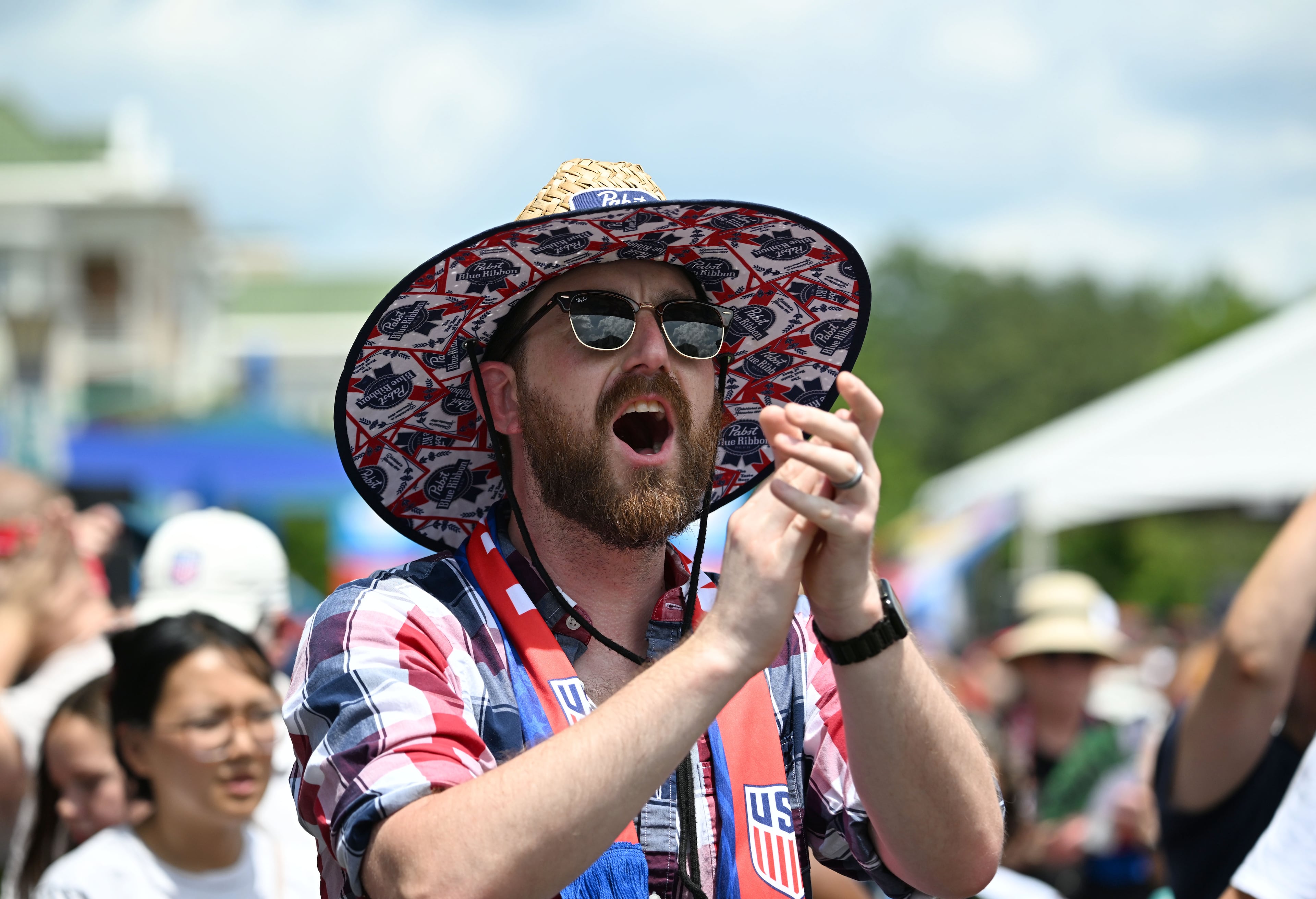 Soccer fans watch the USA vs. Australia game during Decatur WatchFest at Decatur Square on Friday, June 19, 2026. (Hyosub Shin/AJC)