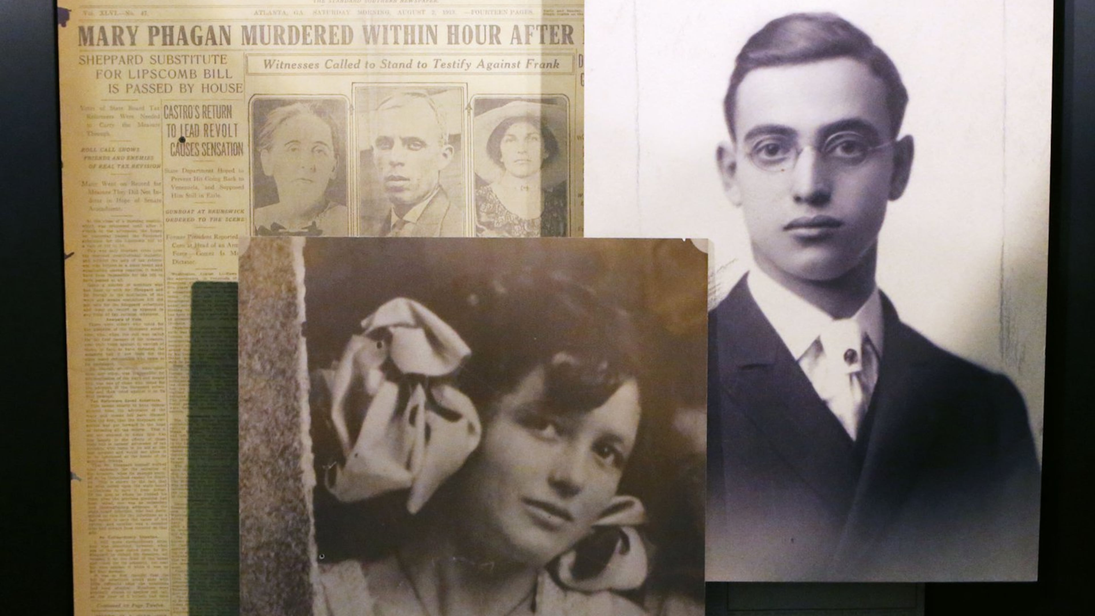 These newspaper pages and photos of Leo Frank and Mary Phagan are on display at the Southern Museum of Civil War & Locomotive History in Kennesaw. A new exhibit, "Seeking Justice: The Leo Frank Case Revisited," starts Monday, the 100th anniversary of Frank's death. AJC photo: BOB ANDRES / BANDRES@AJC.COM