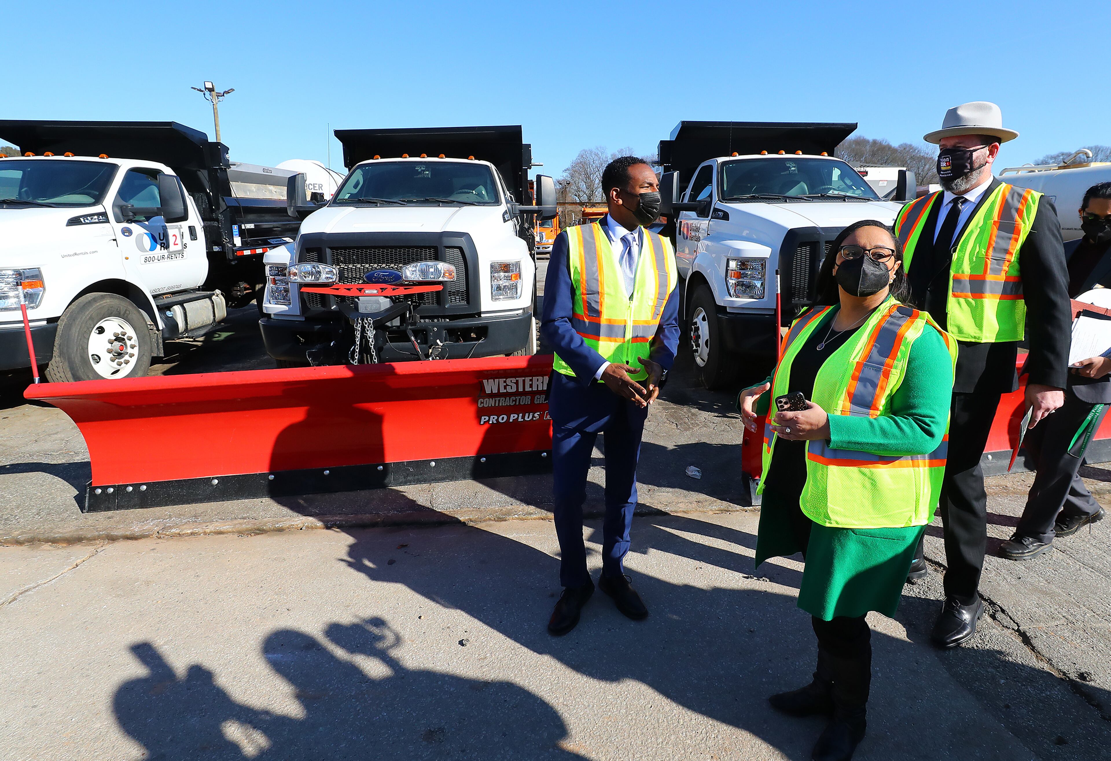 012722 Atlanta: Atlanta Mayor Andre Dickens (from left), Congresswoman Nikema Williams and Atlanta Department of Transportation Commissioner Josh Rowan tour the ATLDOT North Avenue facility following a press briefing on how the Infrastructure Investment and Jobs Act will invest in Atlanta’s infrastructure on Thursday, Jan. 27, 2022, in Atlanta. “Curtis Compton / Curtis.Compton@ajc.com”`