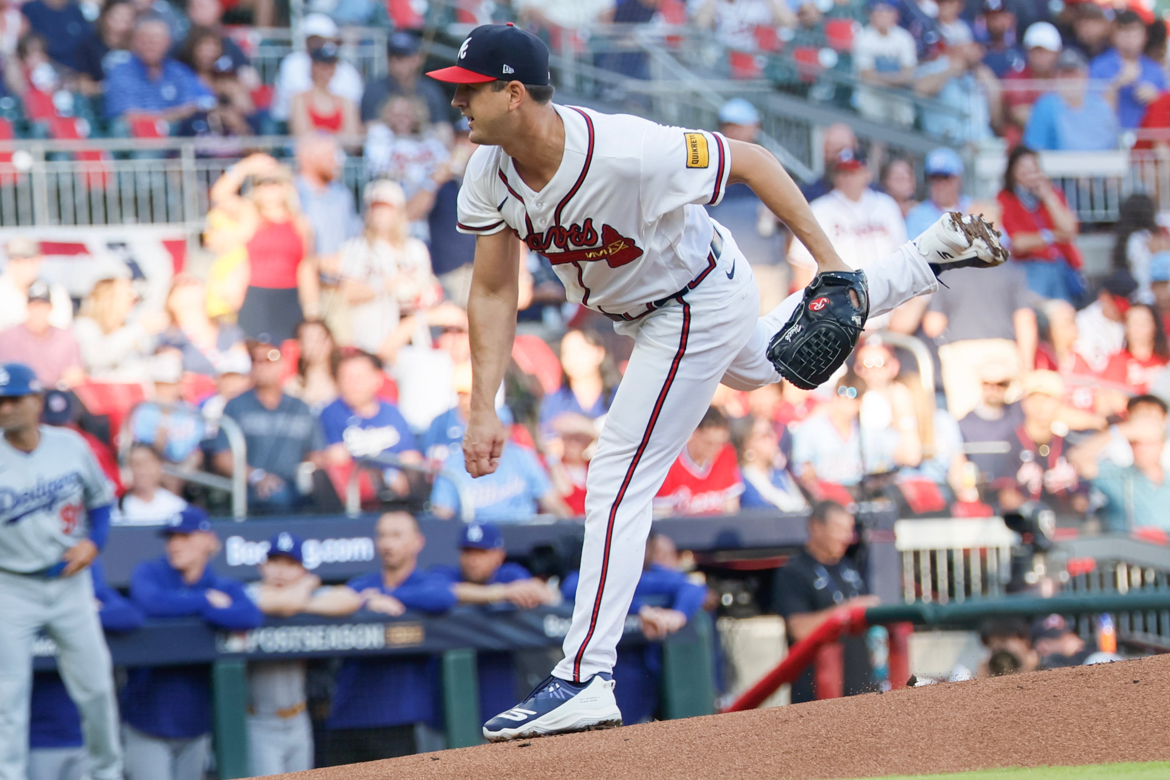 Atlanta Braves pitcher Tyler Mahle (54) delivers to a Los Angeles Dodgers batter during the first inning of Game 4 of the MLB National League Division Series between the Atlanta Braves and the Los Angeles Dodgers, Wednesday, Oct. 7, 2026, in Atlanta. (Miguel Martinez/AJC)