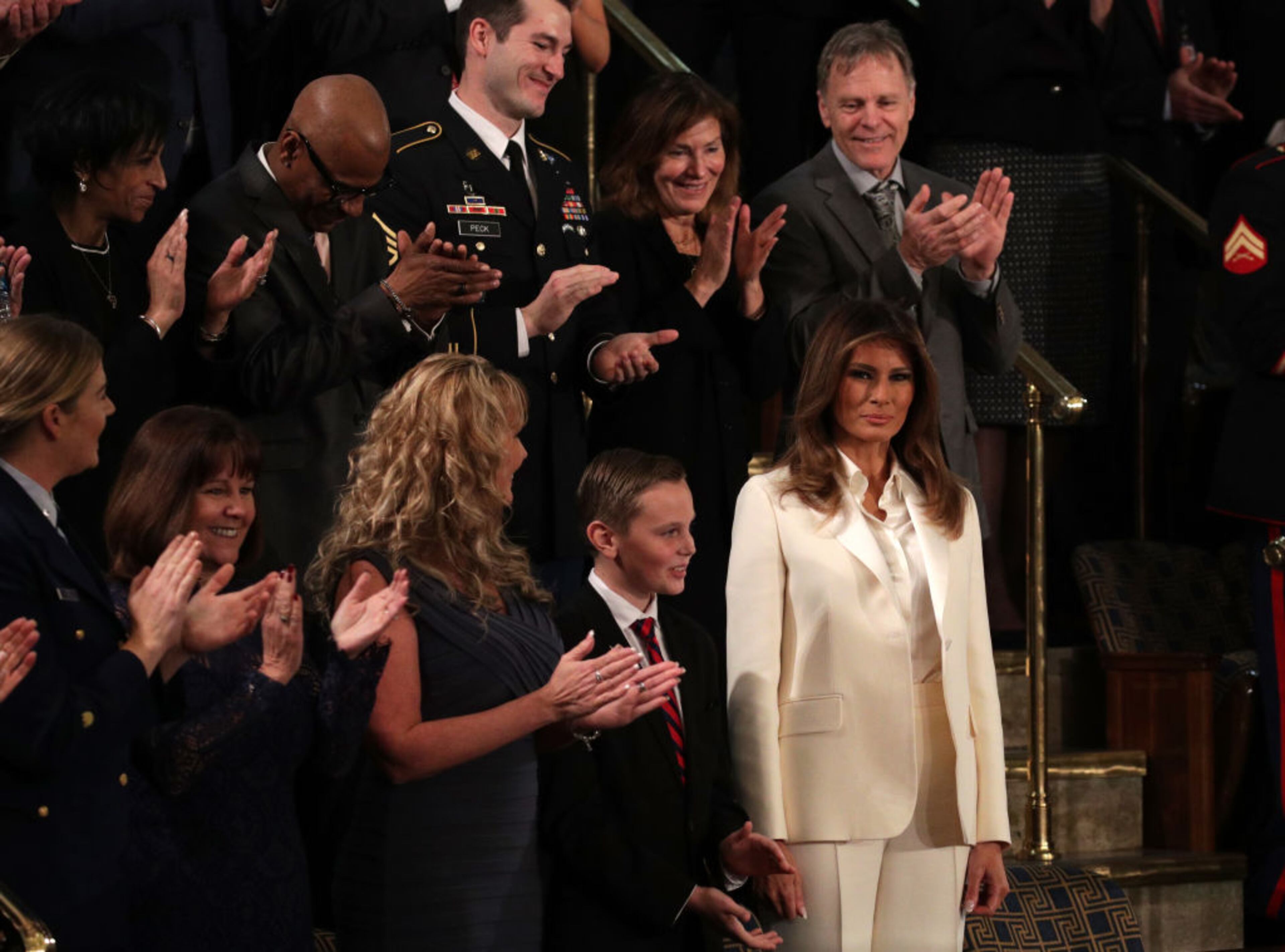 WASHINGTON, DC - JANUARY 30: First lady Melania Trump arrives for the State of the Union address in the chamber of the U.S. House of Representatives January 30, 2018 in Washington, DC. This is the first State of the Union address given by U.S. President Donald Trump and his second joint-session address to Congress. (Photo by Alex Wong/Getty Images)