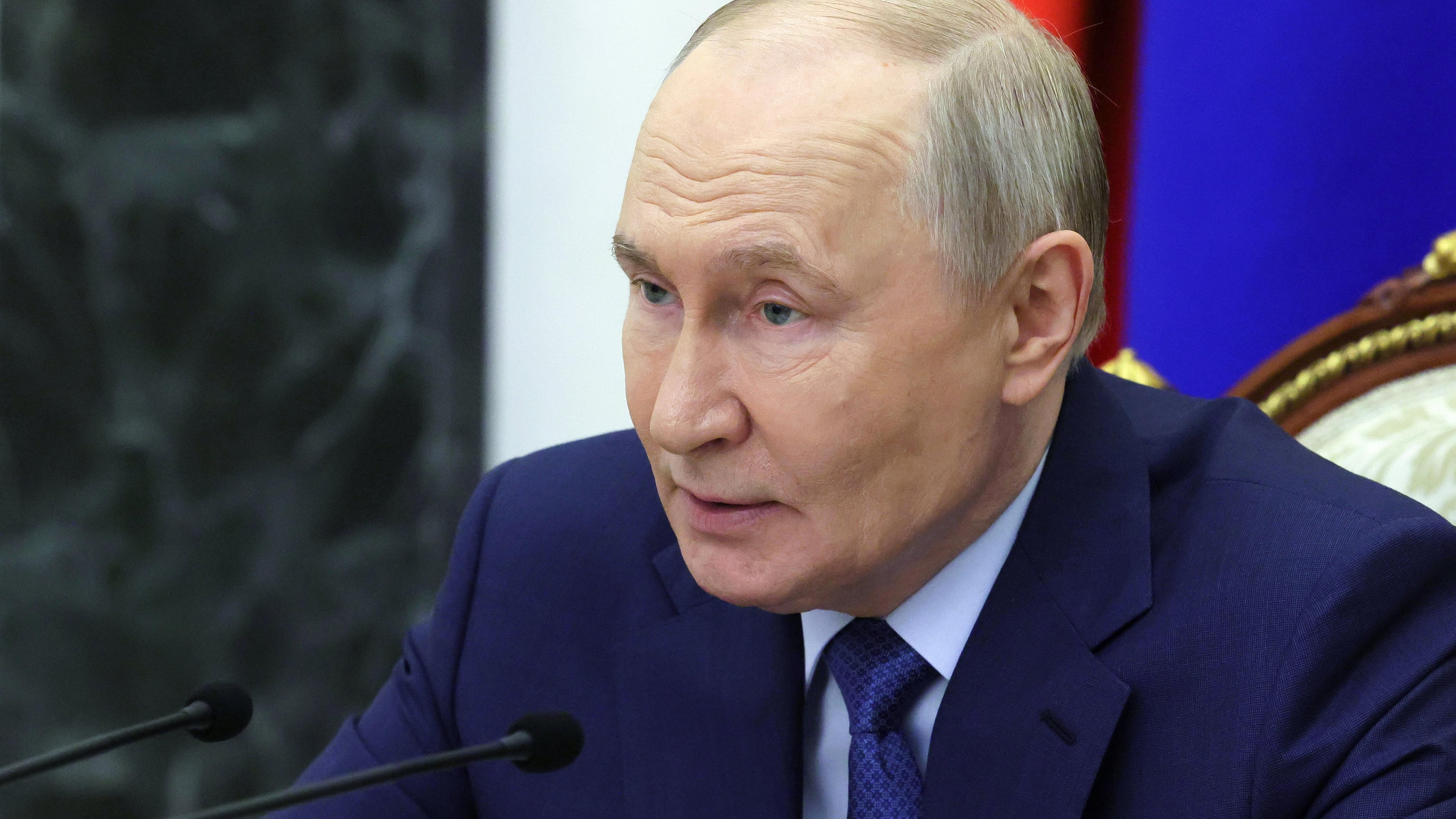 Russian President Vladimir Putin holds a meeting on economic issues at the Kremlin in Moscow, Russia, Friday, May 15, 2026. (Mikhail Metzel, Sputnik, Kremlin Pool Photo via AP)