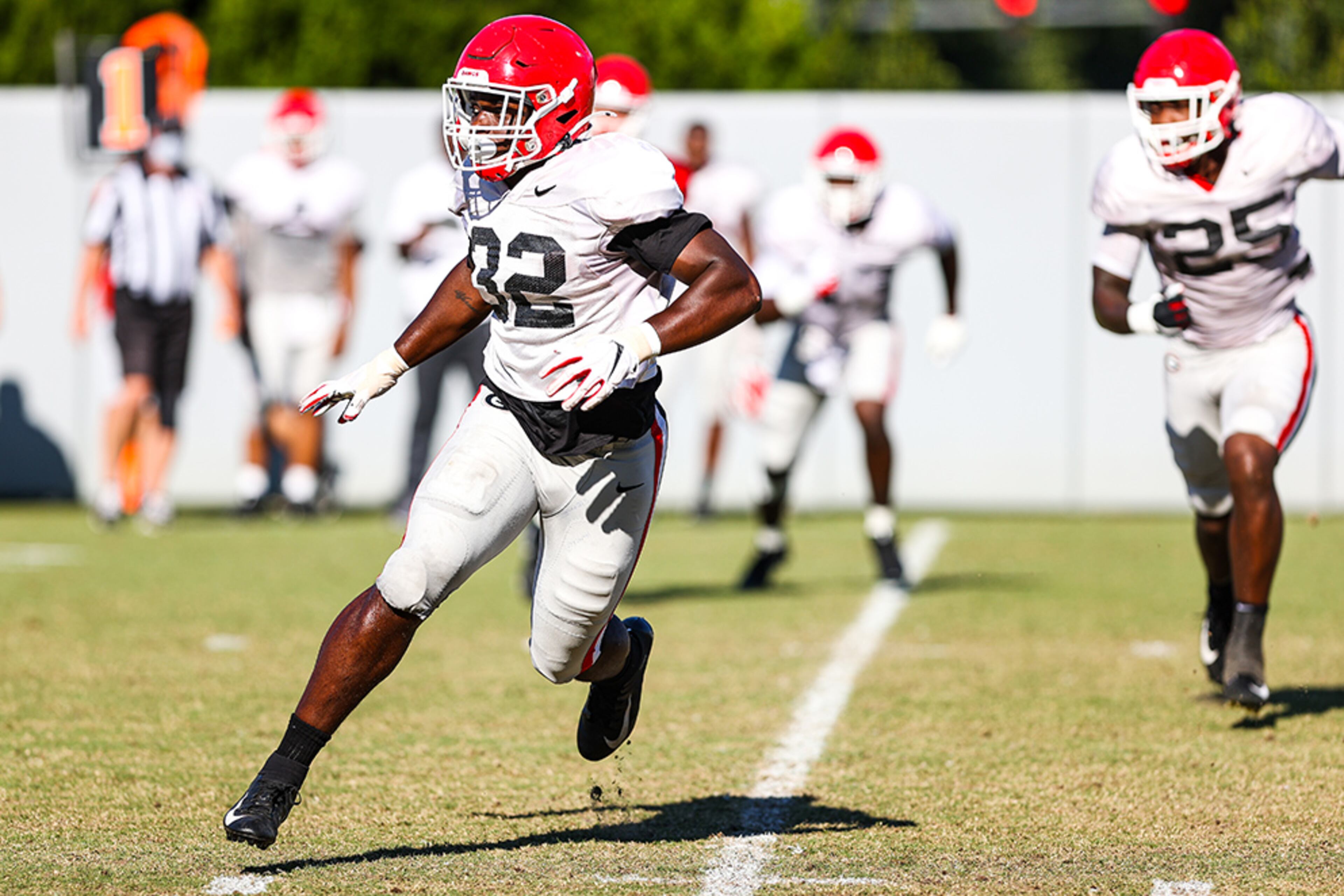 Georgia inside linebacker Monty Rice (32) during the Bulldogs’ practice session Monday, Sept. 21, 2020, in Athens. (Tony Walsh/UGA Sports)