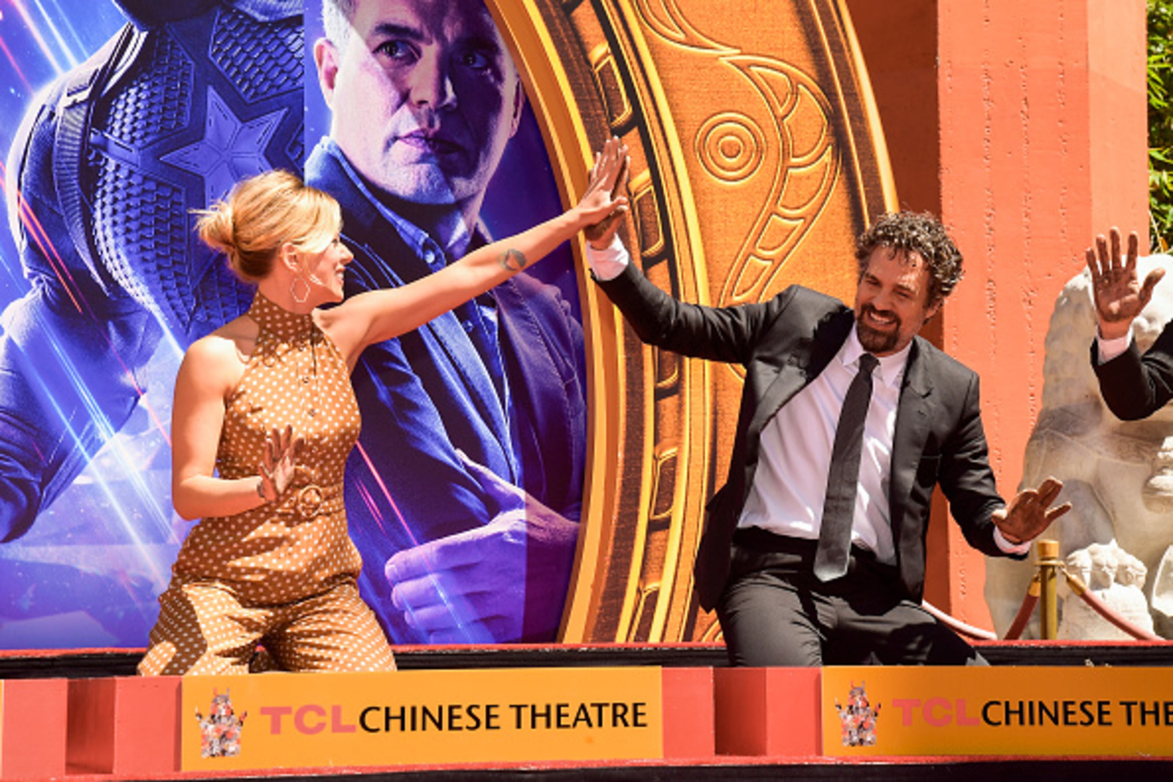 HOLLYWOOD, CALIFORNIA - APRIL 23: Scarlett Johansson and Mark Ruffalo pose at the Marvel Studios' 'Avengers: Endgame' Cast Place Their Hand Prints In Cement At TCL Chinese Theatre IMAX Forecourt at TCL Chinese Theatre IMAX on April 23, 2019 in Hollywood, California. (Photo by Matt Winkelmeyer/Getty Images)