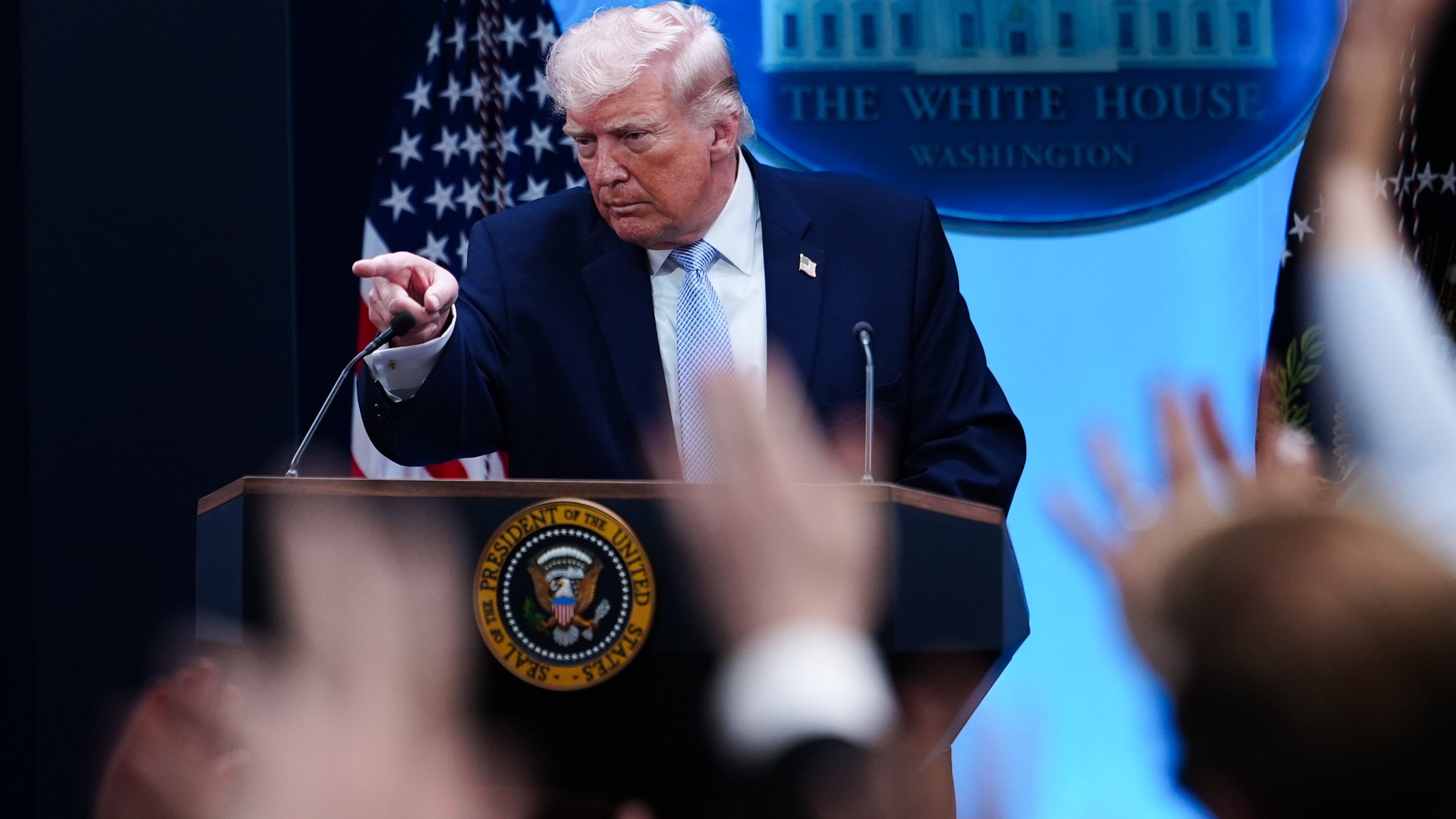 President Donald Trump speaks with reporters in the James Brady Press Briefing Room at the White House, Monday, April 6, 2026, in Washington. (AP Photo/Julia Demaree Nikhinson)
