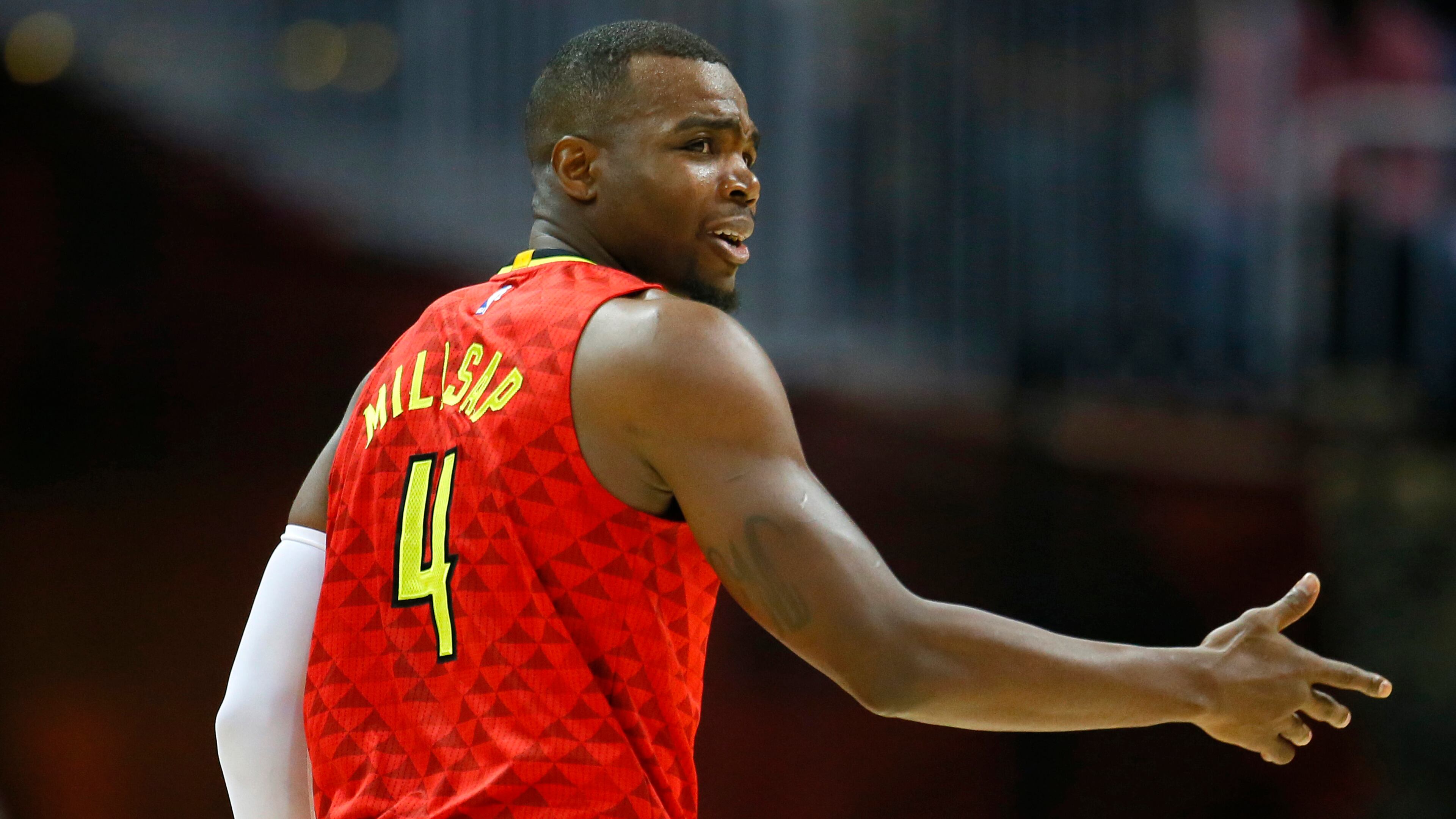 Hawks forward Paul Millsap reacts in a game against the Cleveland Cavaliers on Sunday, April 9, 2017, in Atlanta. The Hawks won in overtime 126-125. (AP Photo/Todd Kirkland)