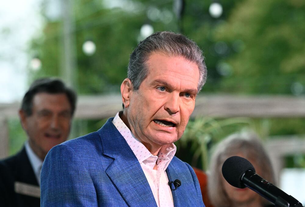 Republican nominee for governor Rick Jackson speaks to reporters during an event announcing his plan to support Georgia farmers at Cagle's Family Farm in Canton last month. (Hyosub Shin/AJC)