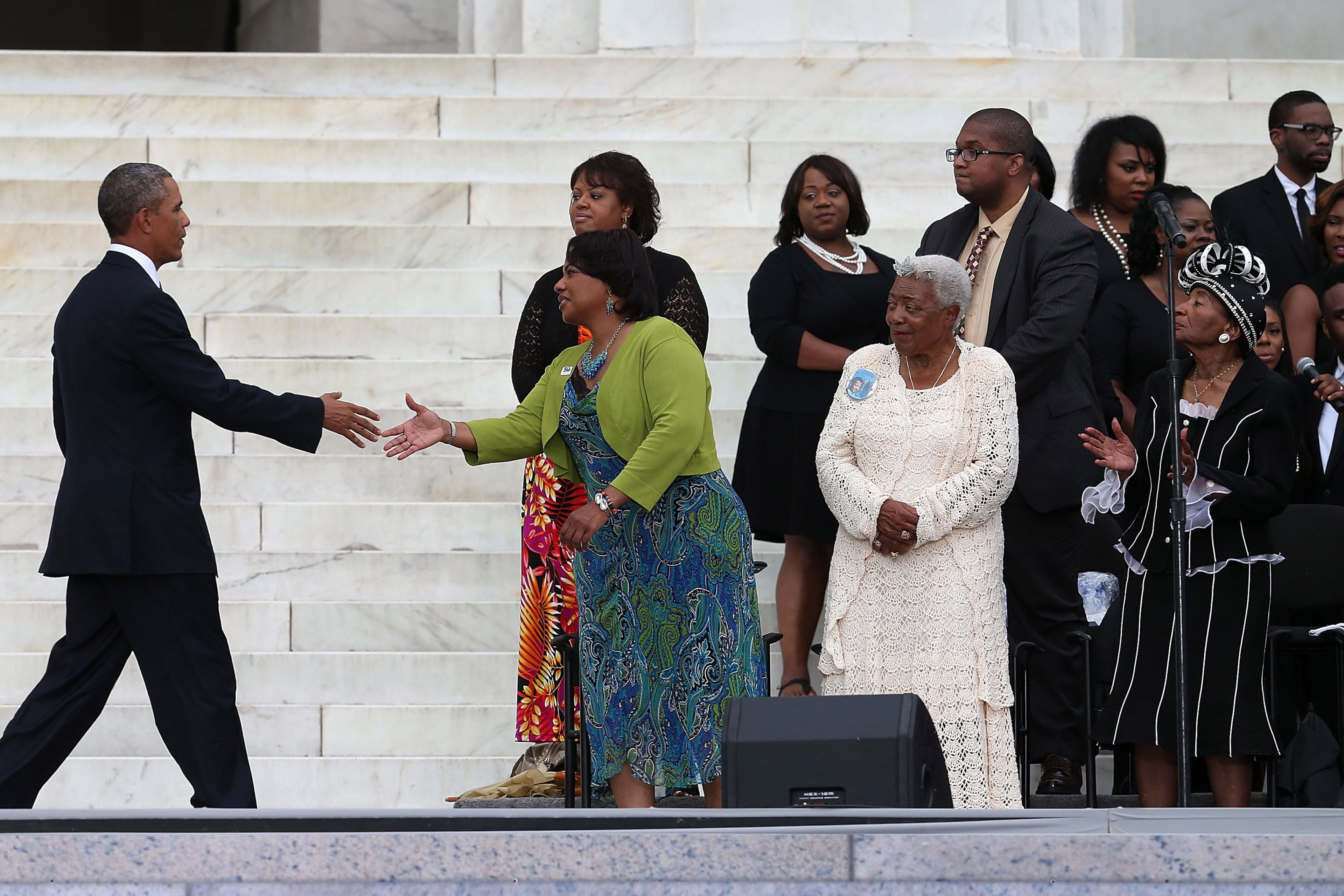 WASHINGTON, DC - AUGUST 28: President Barack Obama (L) greets Bernice King (C) and other King family members during a ceremony to commemorate the 50th anniversary of the March on Washington for Jobs and Freedom August 28, 2013 in Washington, DC. It was 50 years ago today that Martin Luther King, Jr. delivered his "I Have A Dream Speech" on the steps of the Lincoln Memorial. (Photo by Mark Wilson/Getty Images)