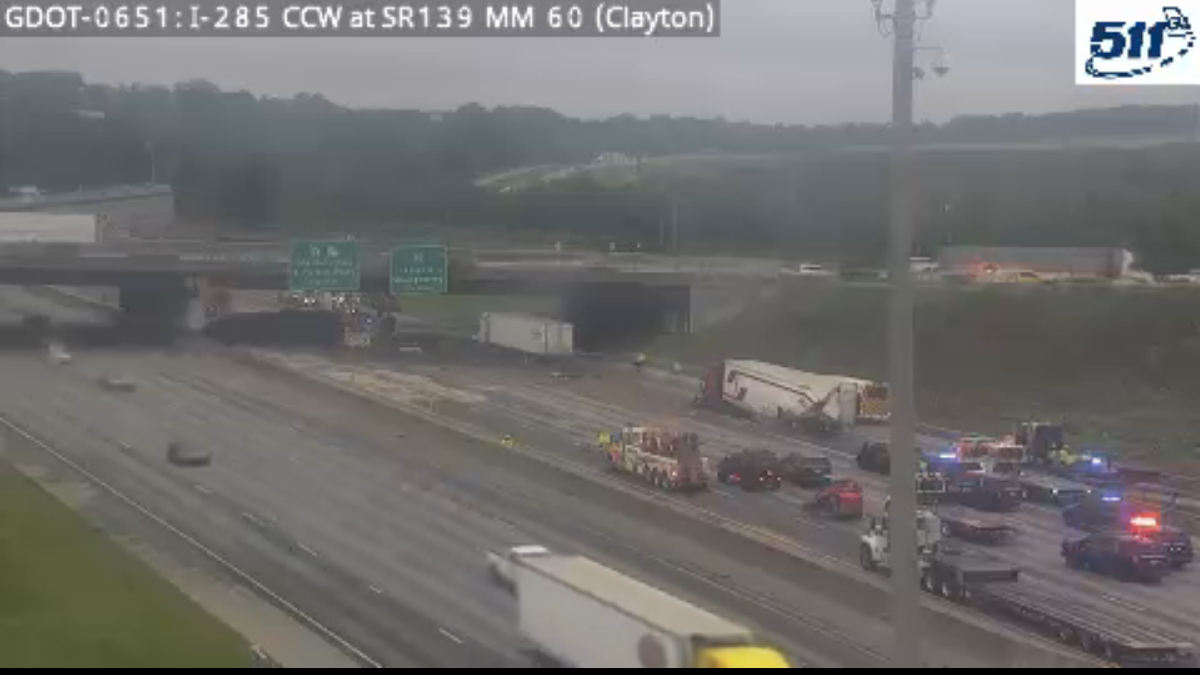 Emergency crews respond to the scene of a multi-vehicle crash early Saturday on I-285 West just before Riverdale Road in Clayton County. (Georgia Department of Transportation)